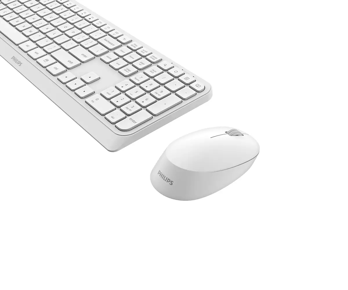 Un conjunto de teclado y ratón inalámbricos Philips blancos sobre fondo blanco.