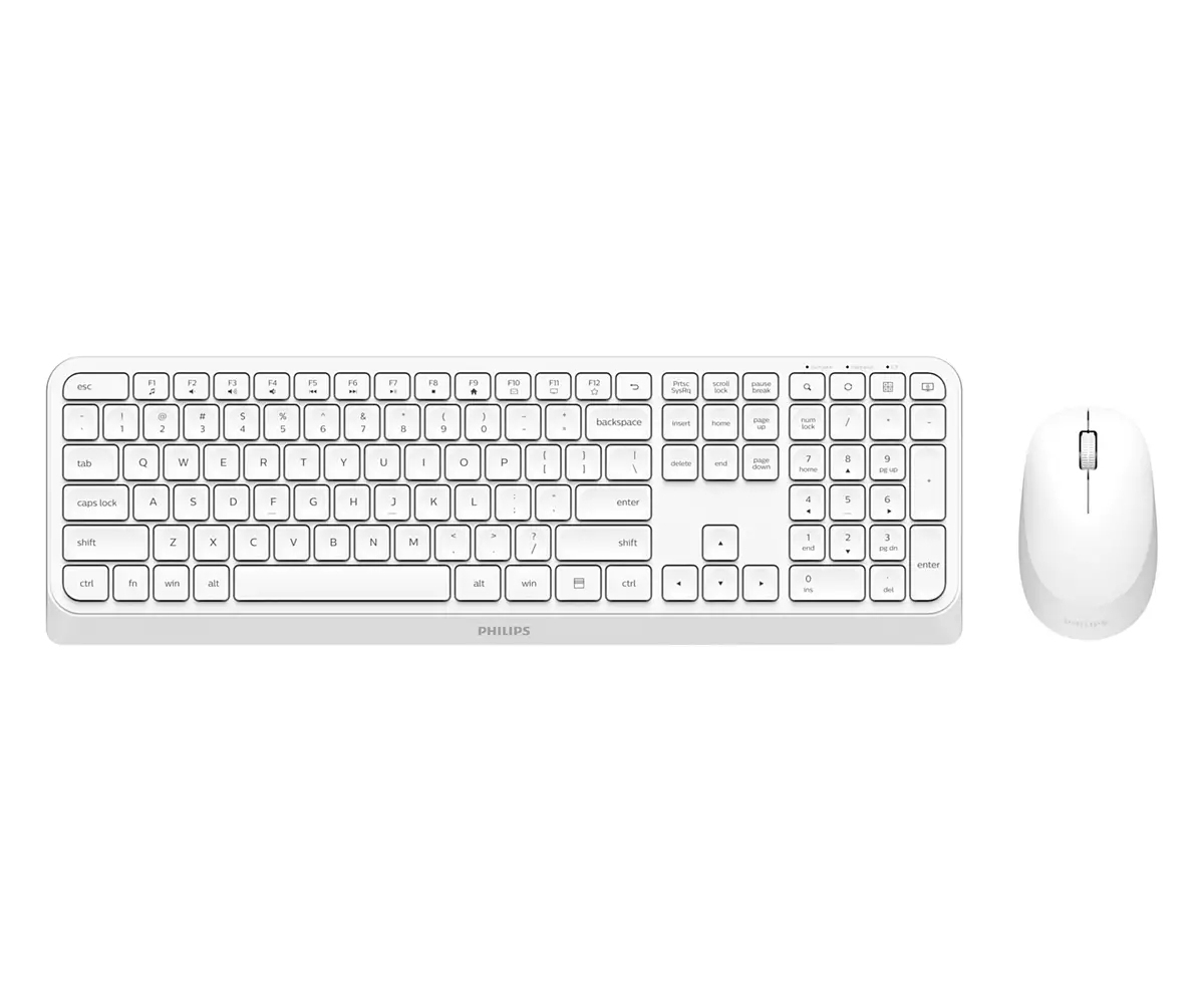 Un teclado blanco de Philips y un ratón a juego sobre un fondo blanco.
