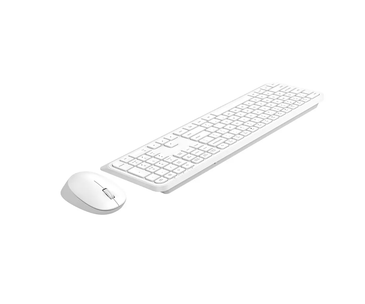 Un teclado inalámbrico blanco y un ratón de ordenador blanco a juego sobre fondo blanco.