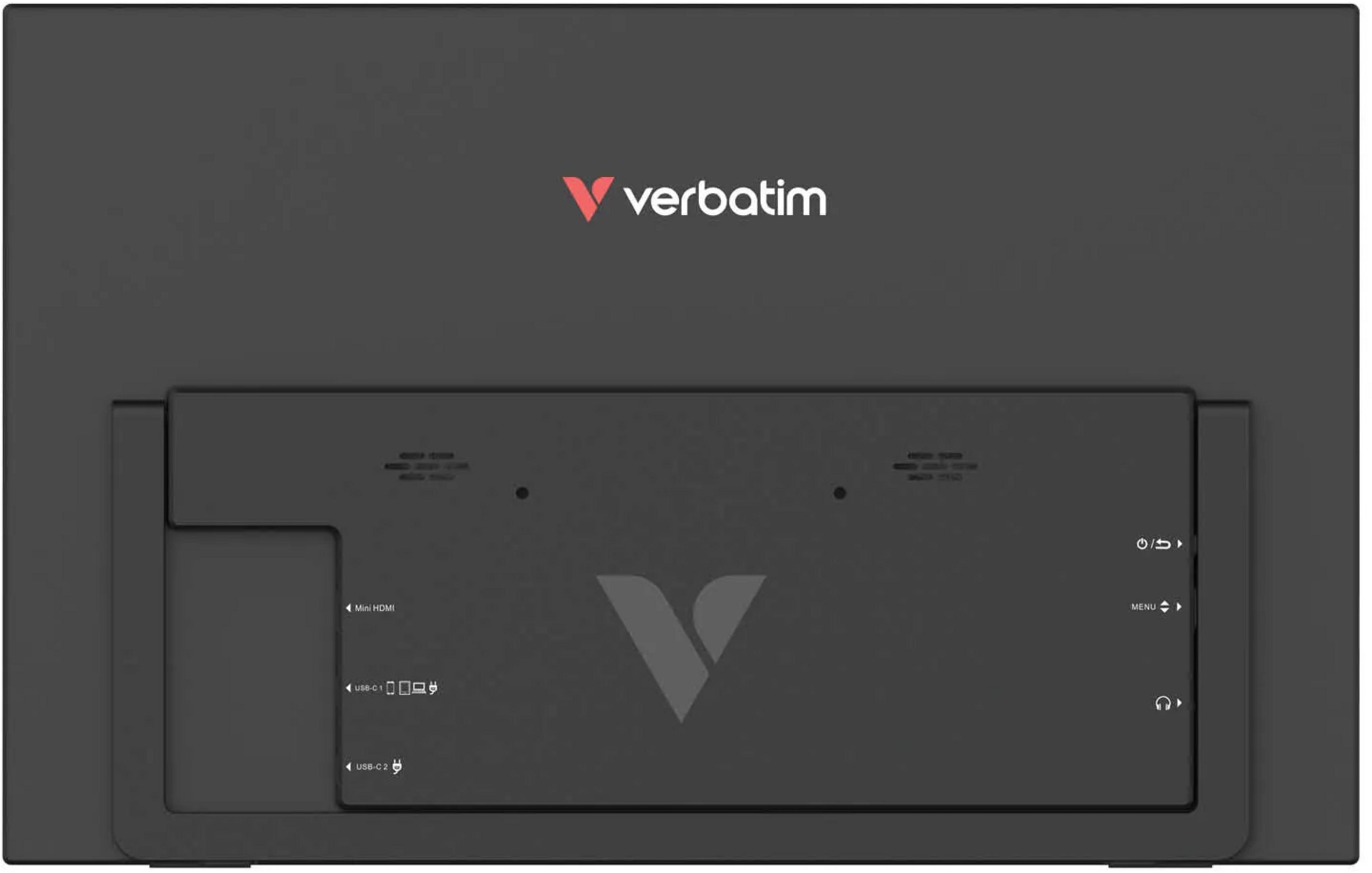 Vista posteriore di un monitor Verbatim nero con porte Mini HDMI, USB-C e jack per cuffie.
