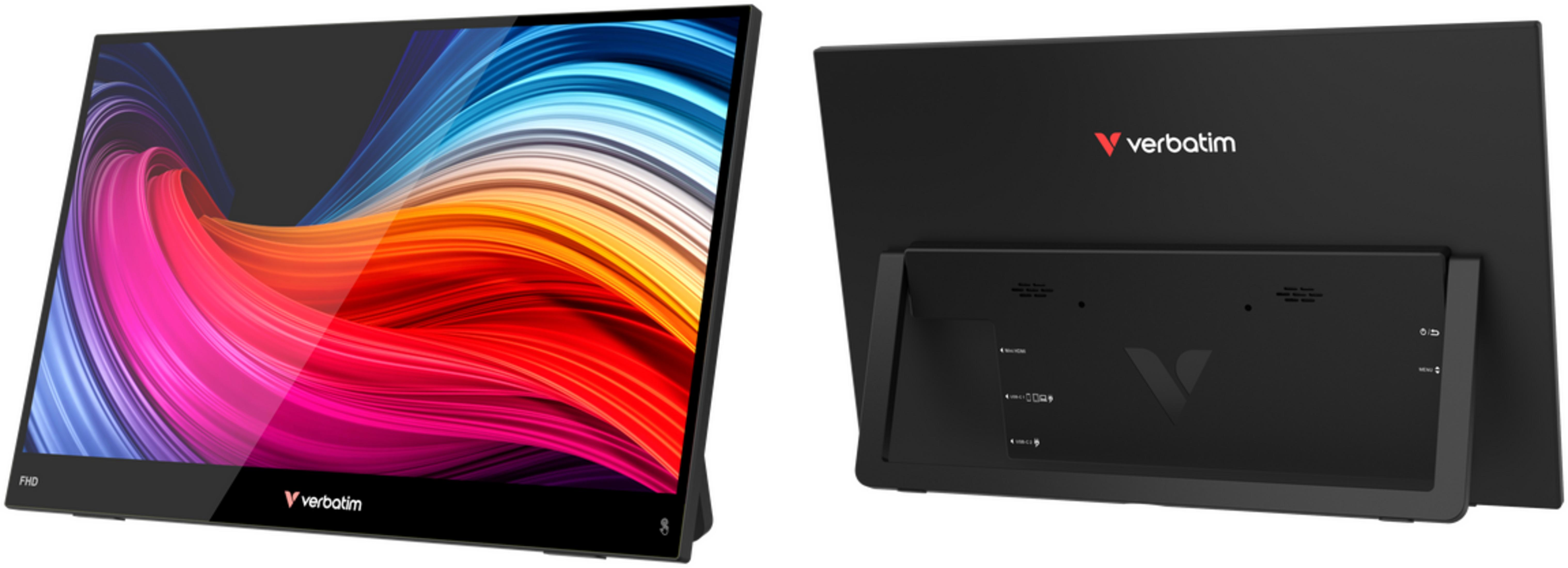 Vista anteriore e posteriore di un monitor portatile Verbatim con onde colorate sullo schermo e scocca nera.