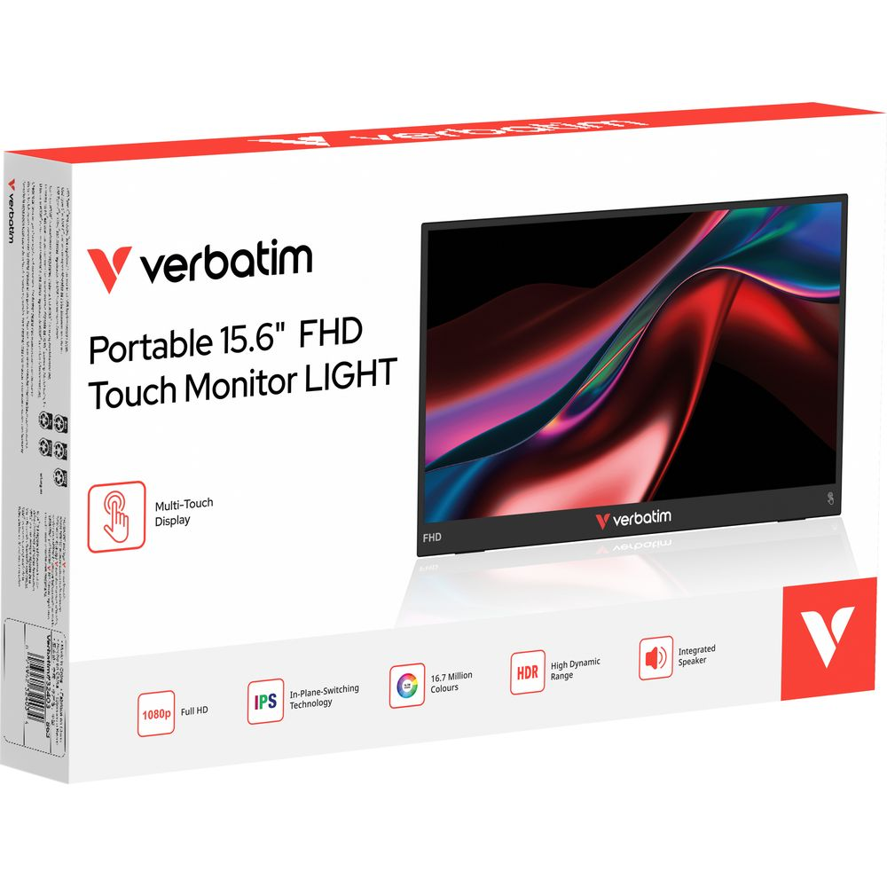 Confezione di un monitor touch FHD portatile Verbatim da 15,6 pollici su fondo bianco.