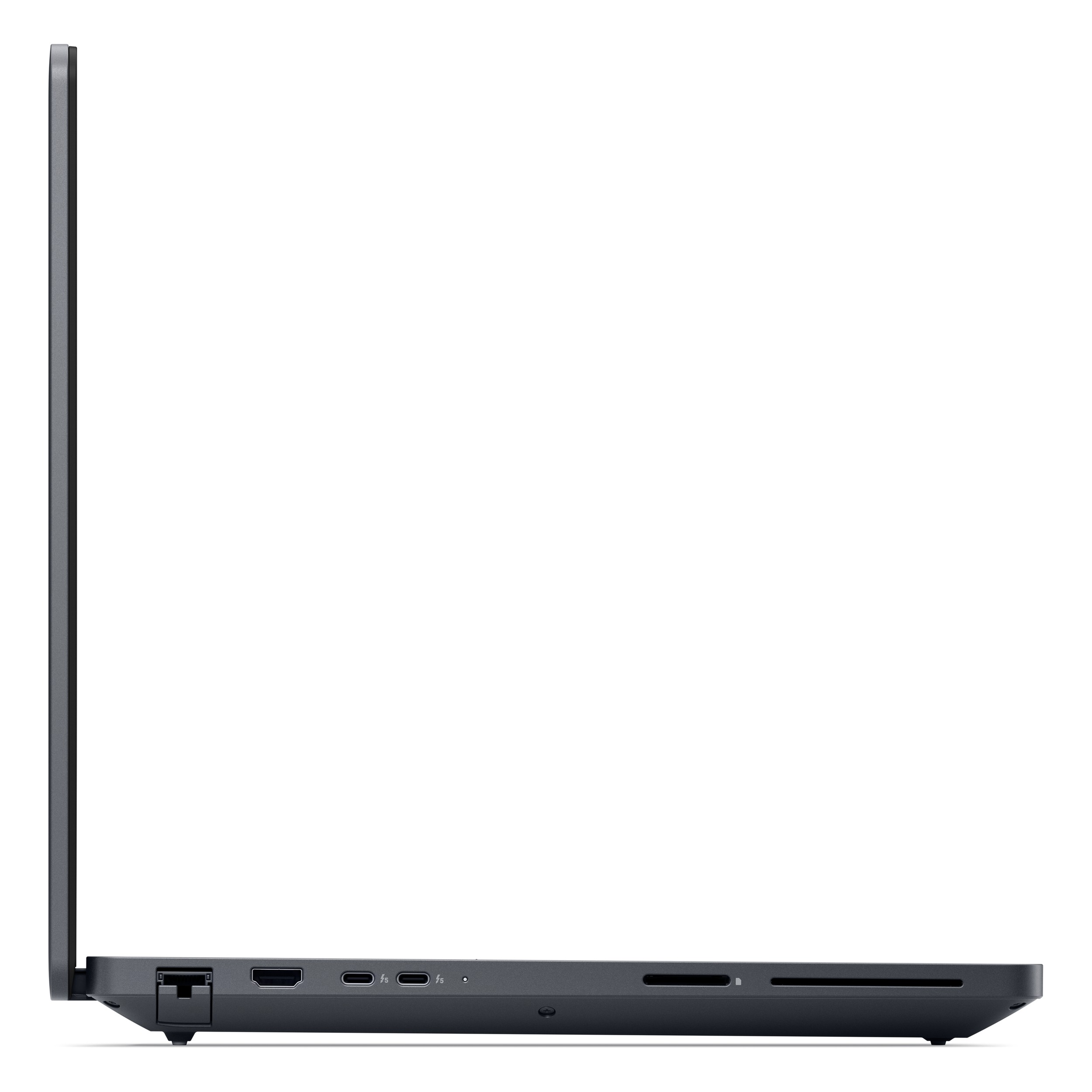 Ethernet, HDMI, USB-C ve kart okuyucu gibi bağlantı noktalarını gösteren gri bir dizüstü bilgisayarın sol tarafı.