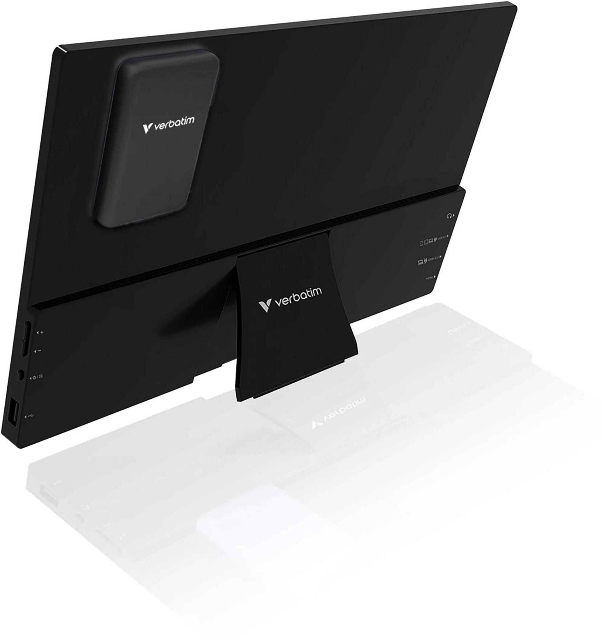 Vista posteriore di un monitor portatile Verbatim nero con supporto integrato e dispositivo di memoria esterno.