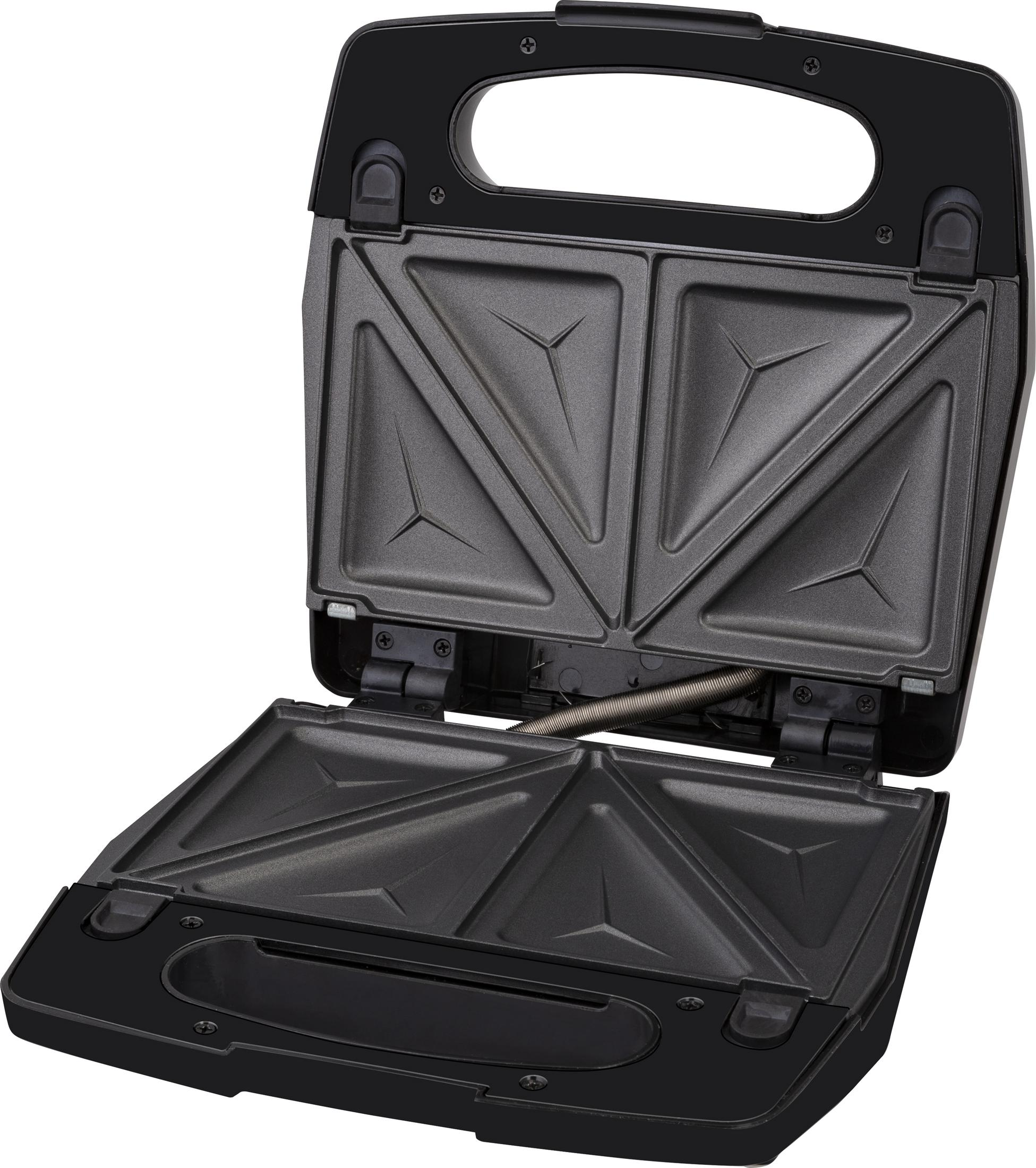 An open black sandwich maker with non-stick triangular plates against a white background.
