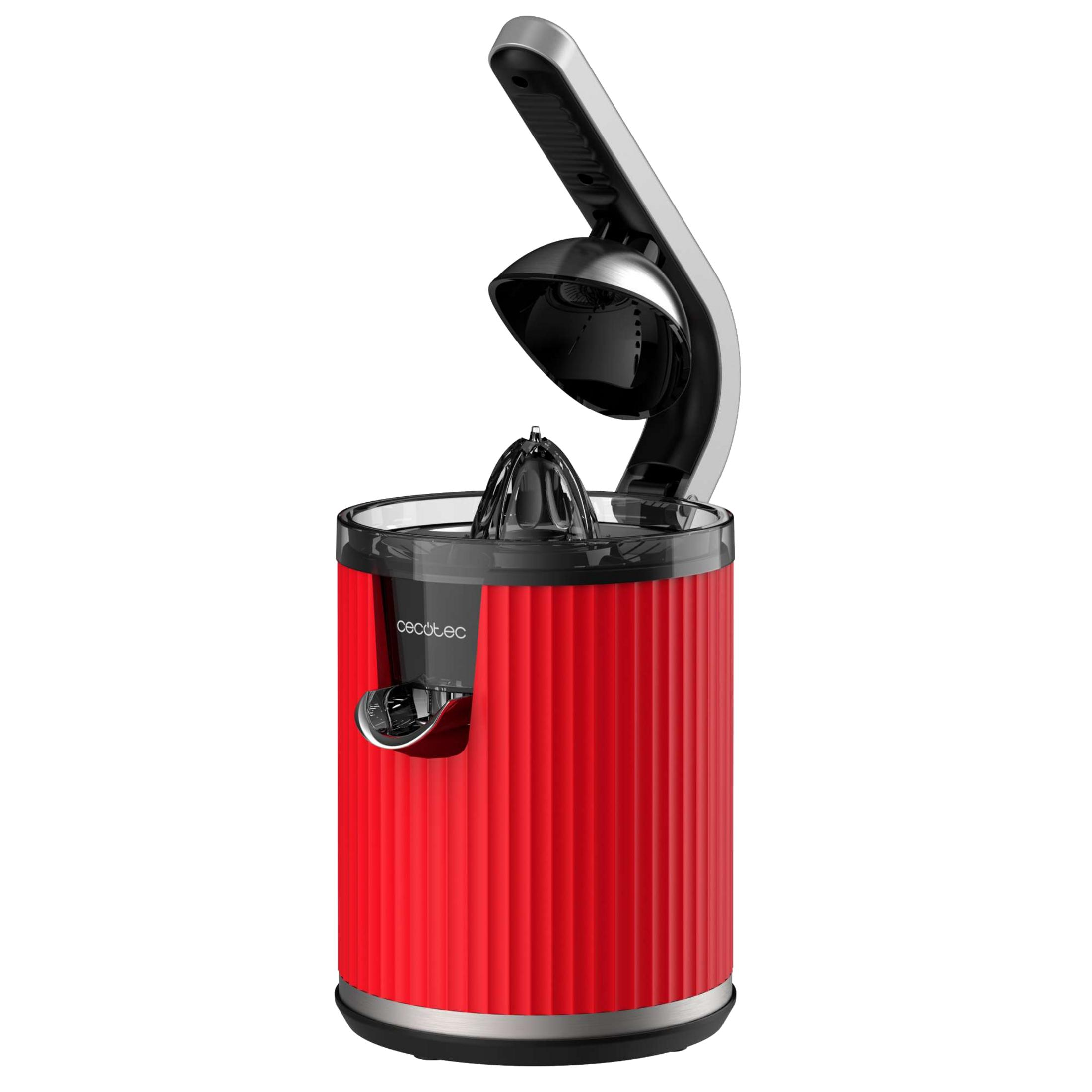 Uno spremiagrumi elettrico rosso con leva aperta su sfondo bianco.