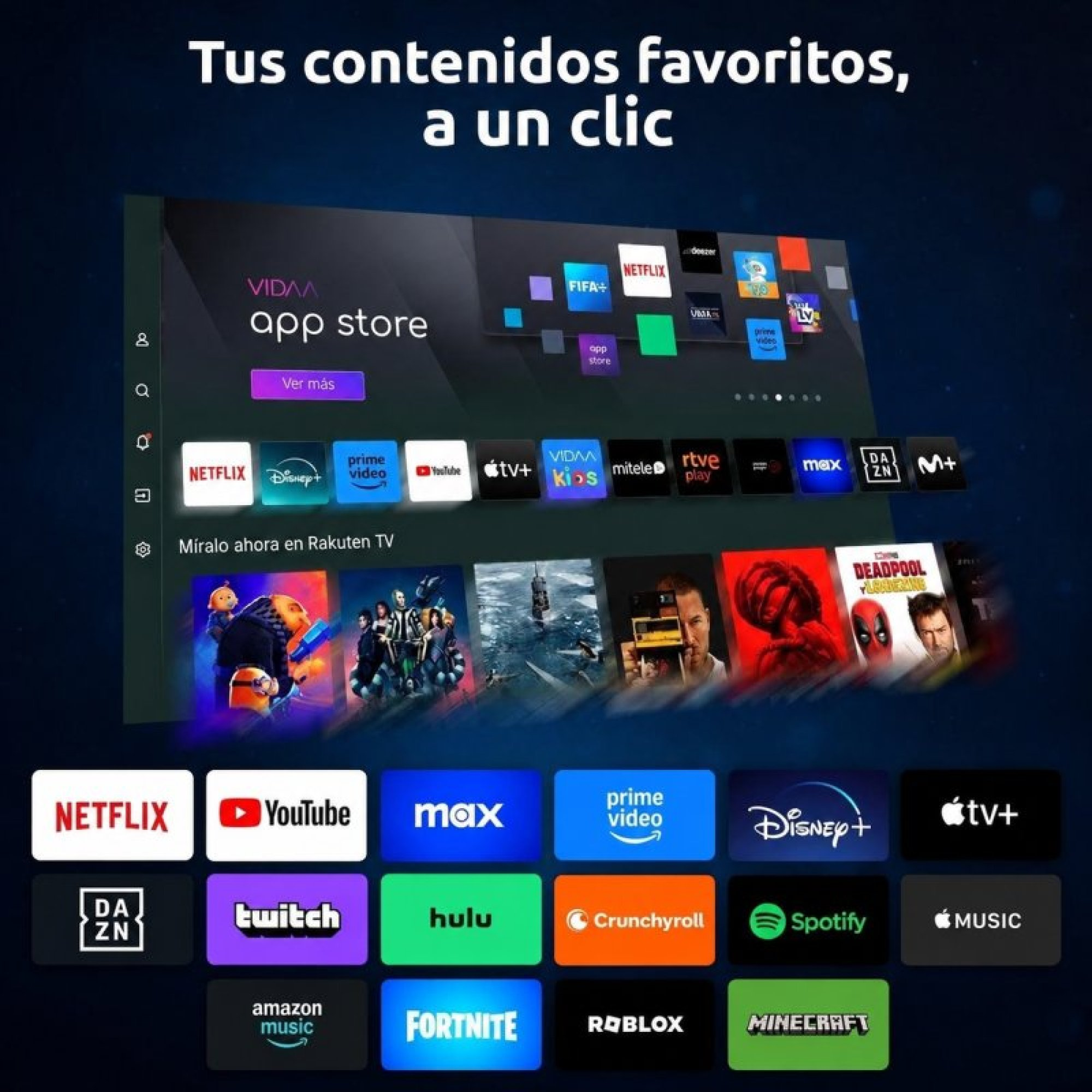 Uno schermo televisivo mostra vari loghi di app e servizi di streaming su sfondo blu.