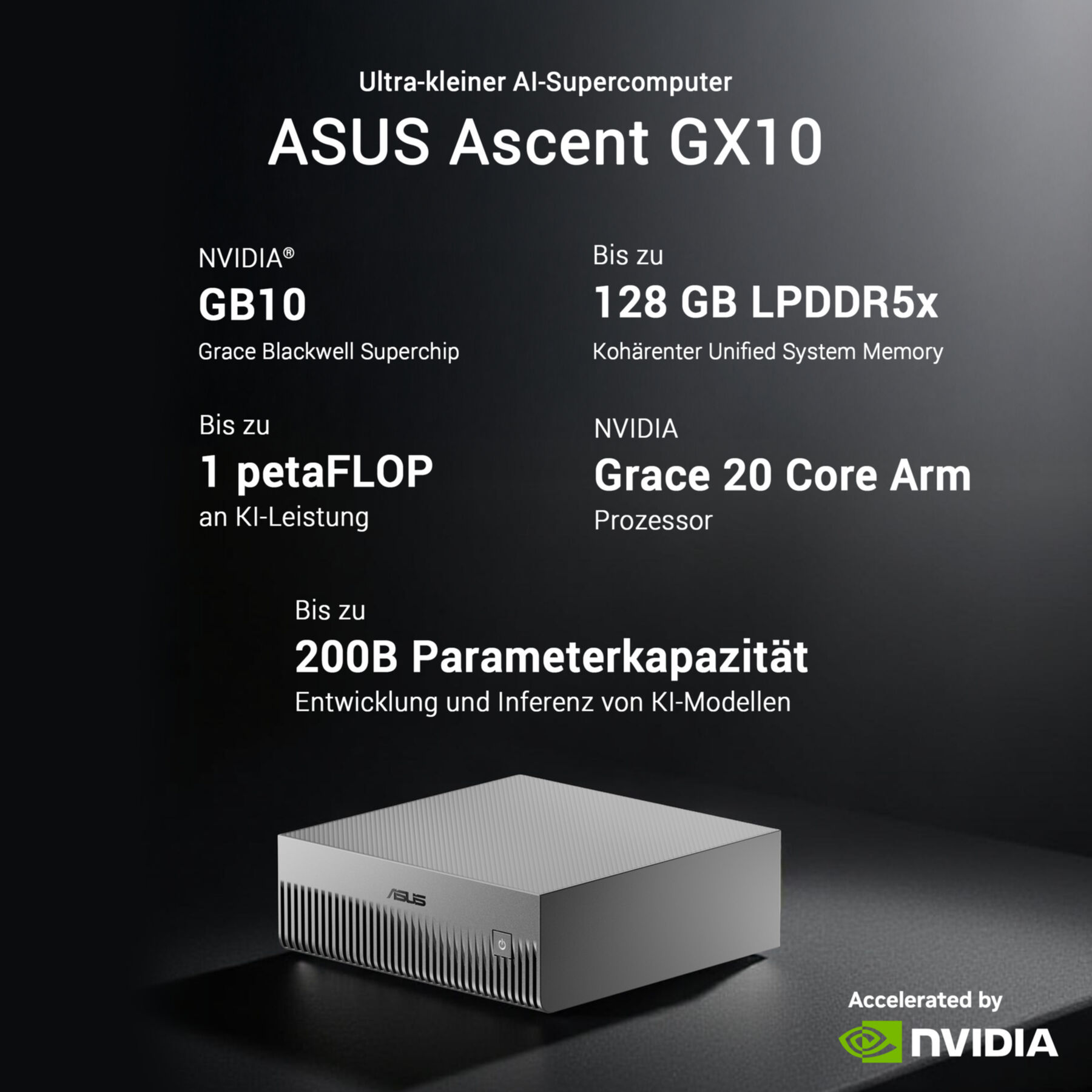 Pubblicità del supercomputer IA ASUS Ascent GX10 con specifiche su sfondo nero.