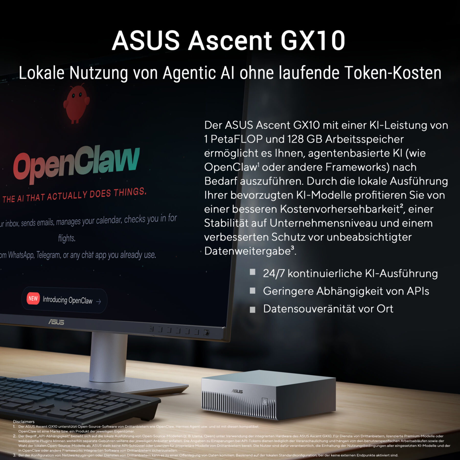 Mini PC ASUS Ascent GX10 su scrivania in legno davanti a un monitor con software IA.
