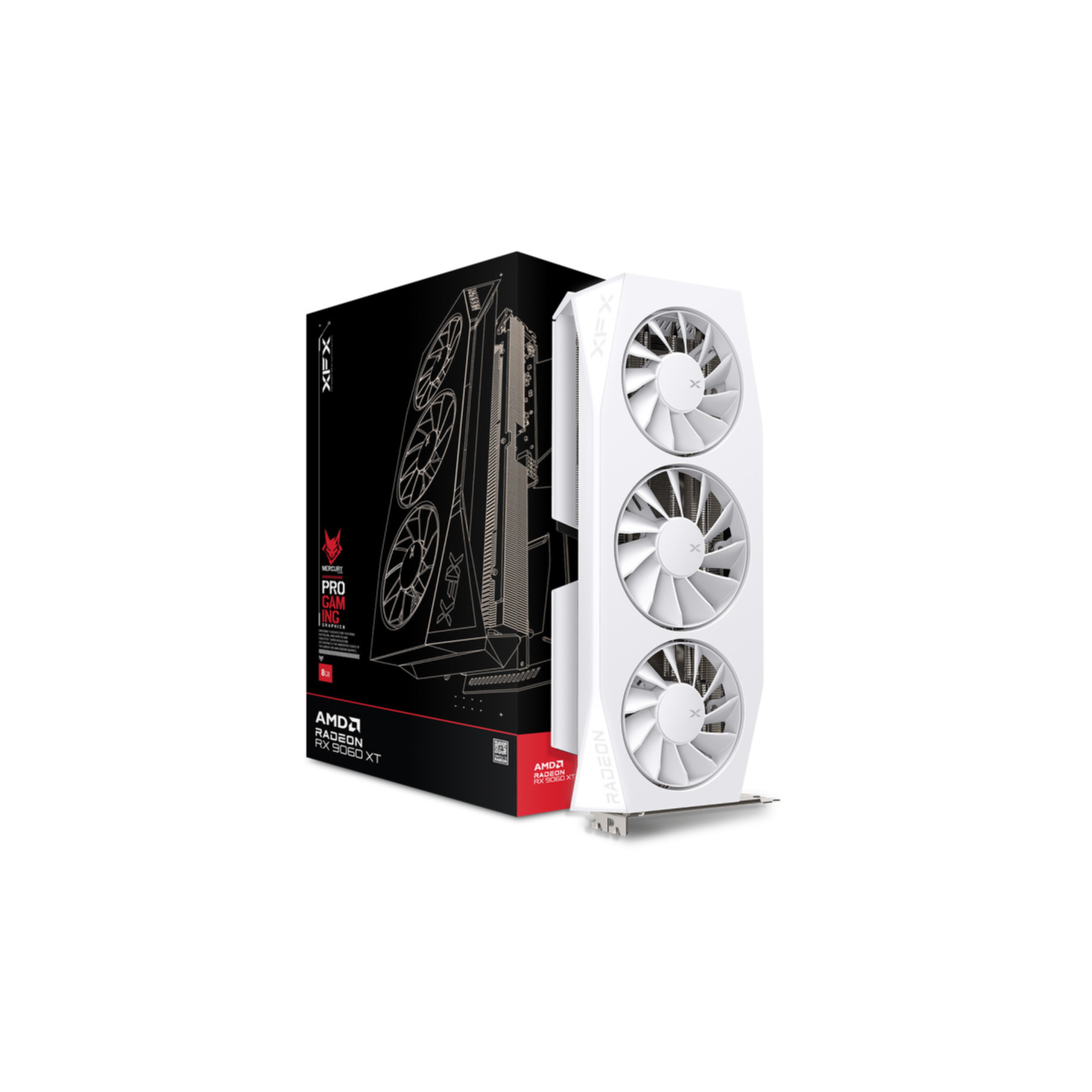 Una scheda grafica XFX bianca con tre ventole è posizionata davanti alla scatola nera e rossa con logo AMD Radeon.