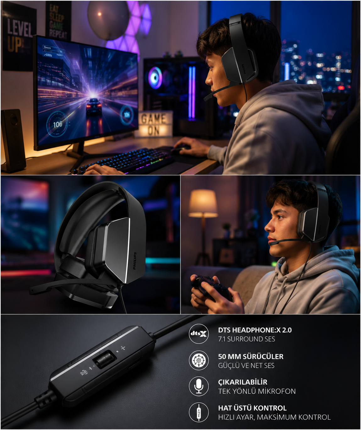 Mikrofonlu Philips oyuncu kulaklığı takan genç bir adam, PC ve konsolda yarış oyunları oynuyor.