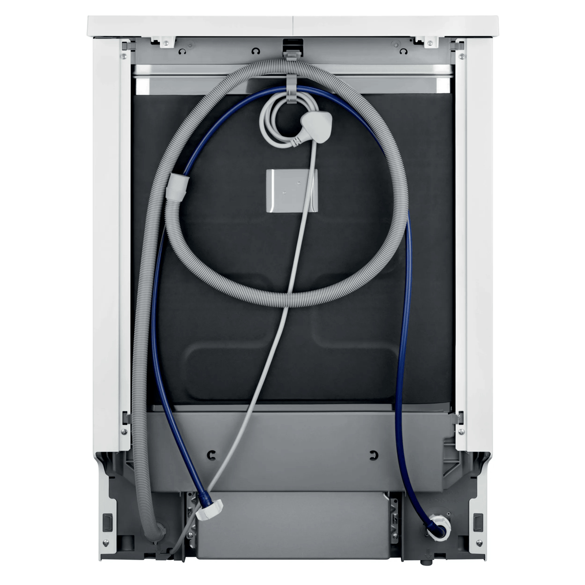 Rear view of a white washing machine with grey and blue hoses and a power cord.