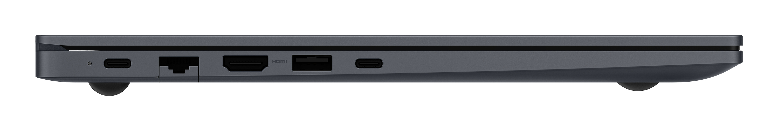 Vista lateral de un portátil oscuro que muestra puertos USB-C, ethernet, HDMI y USB.