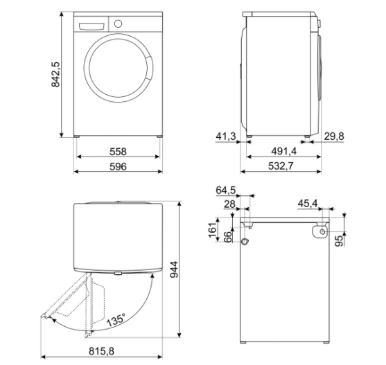 Disegno tecnico di una lavatrice con viste frontale, laterale e dall'alto, con quote in millimetri.