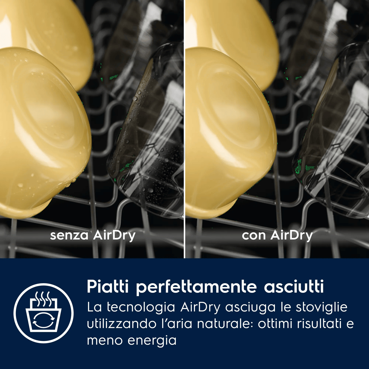 Confronto di stoviglie asciugate senza e con AirDry, con gocce d'acqua rispetto a superfici asciutte.