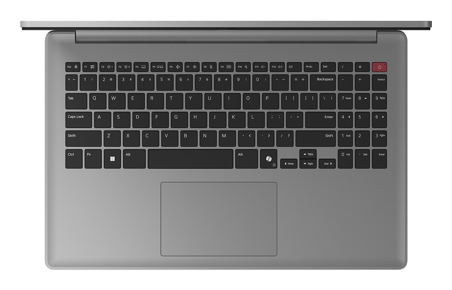 Laptop grigio visto dall'alto con tastiera nera, tastierino numerico e touchpad.
