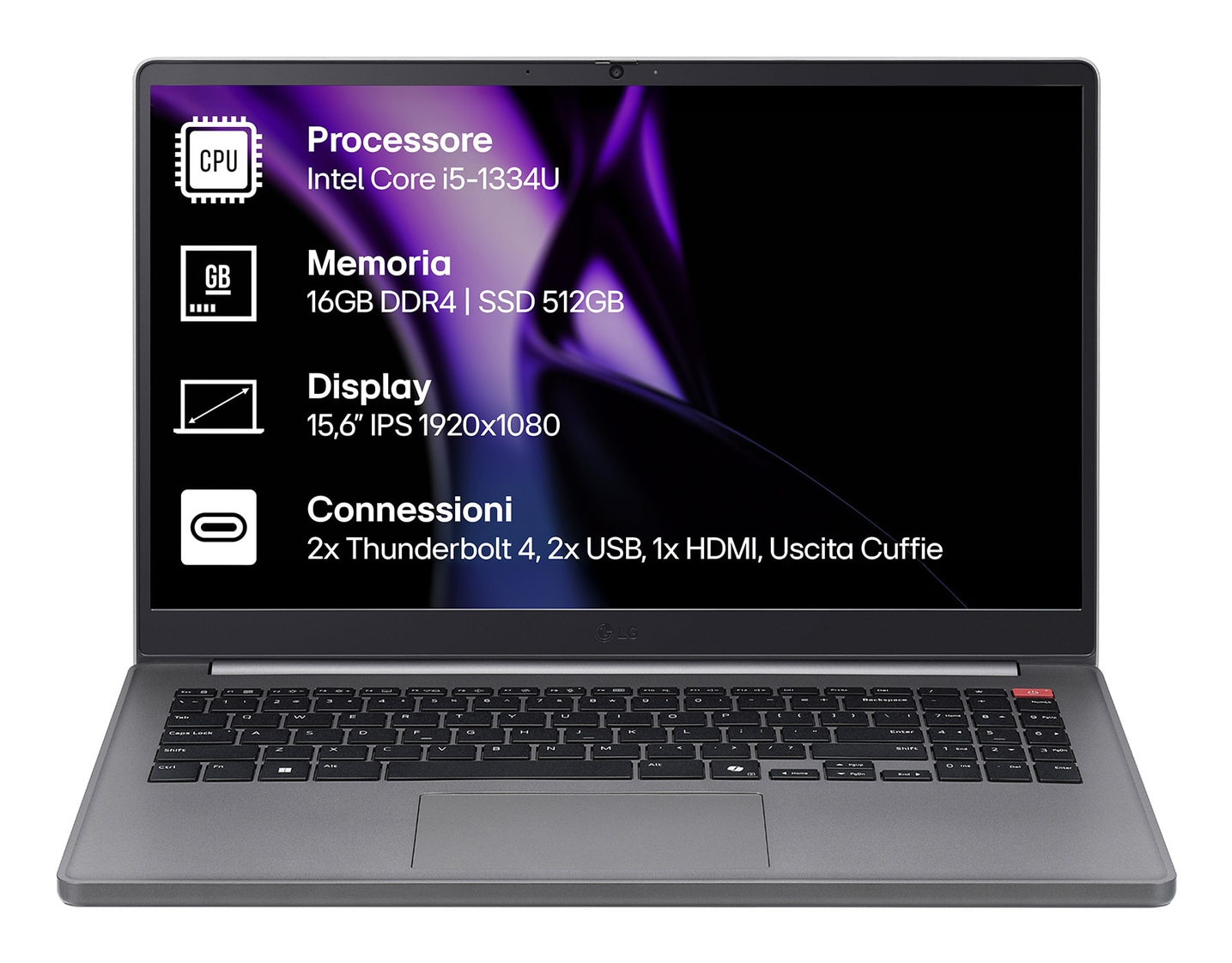 Laptop grigio con schermo che mostra specifiche tecniche come processore Intel i5 e 16GB di RAM.