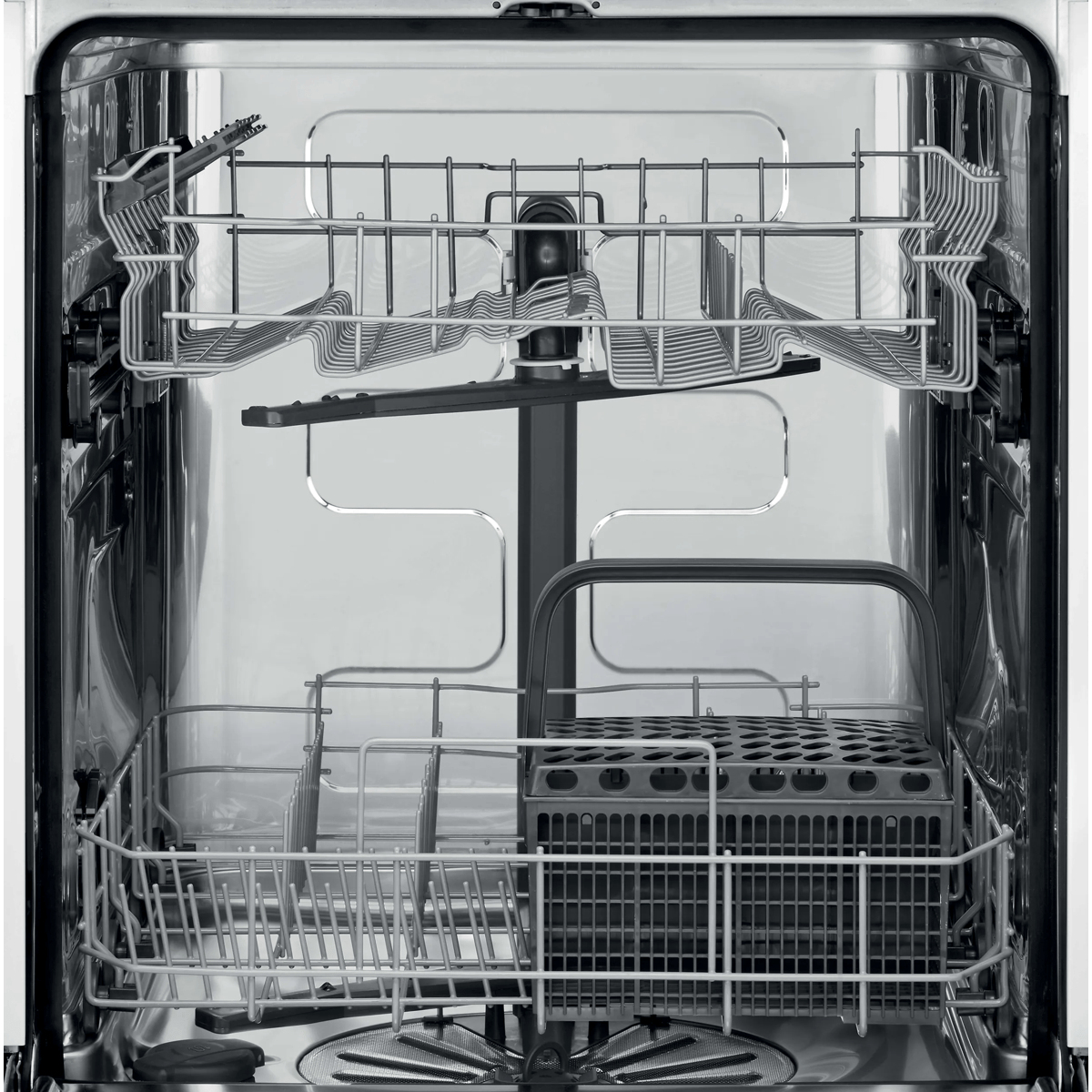 Inside view of an empty stainless steel dishwasher showing two empty wire racks and a cutlery basket.