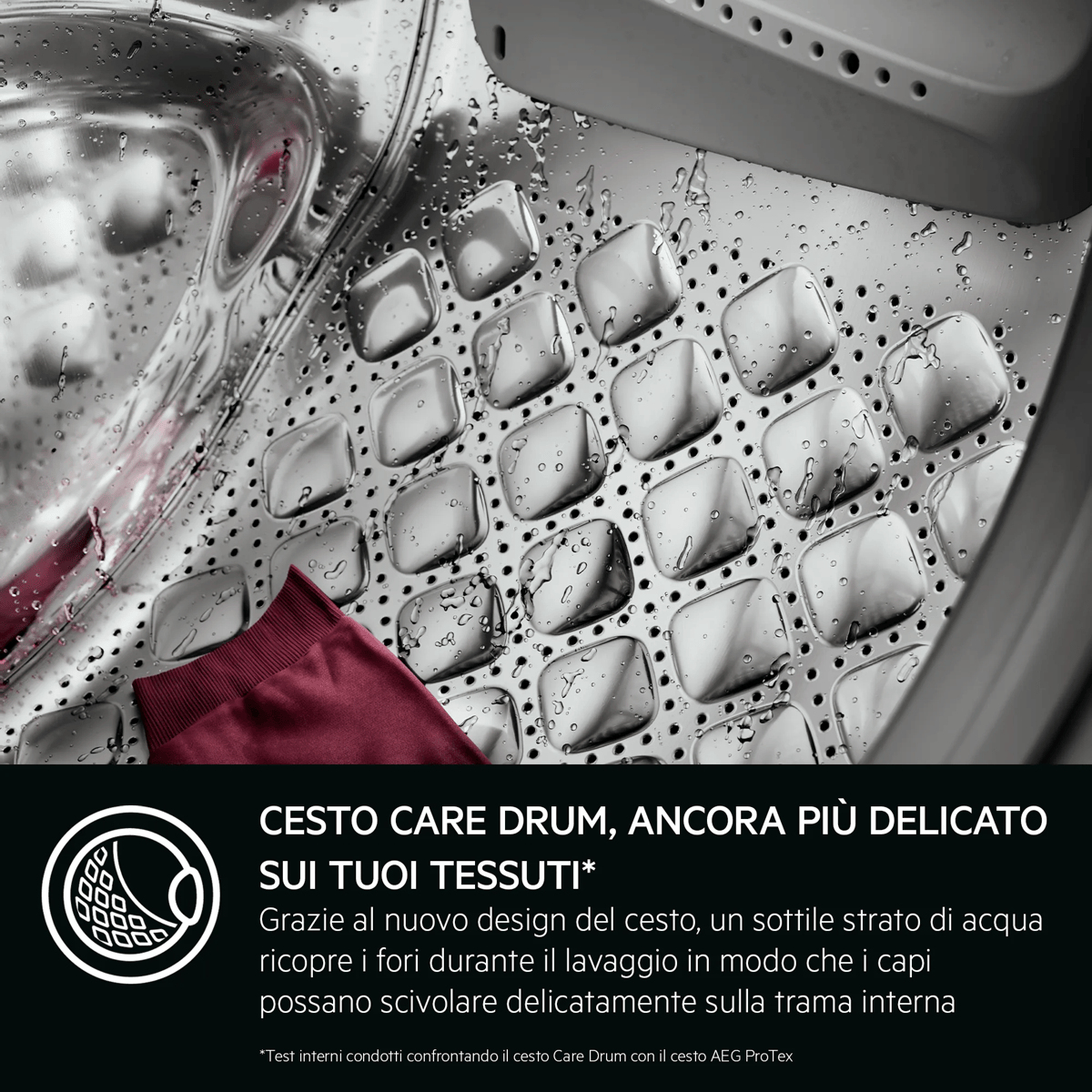 Cesto in acciaio inox con motivo a cuscino, gocce d'acqua e un indumento rosso. Testo in italiano in basso.