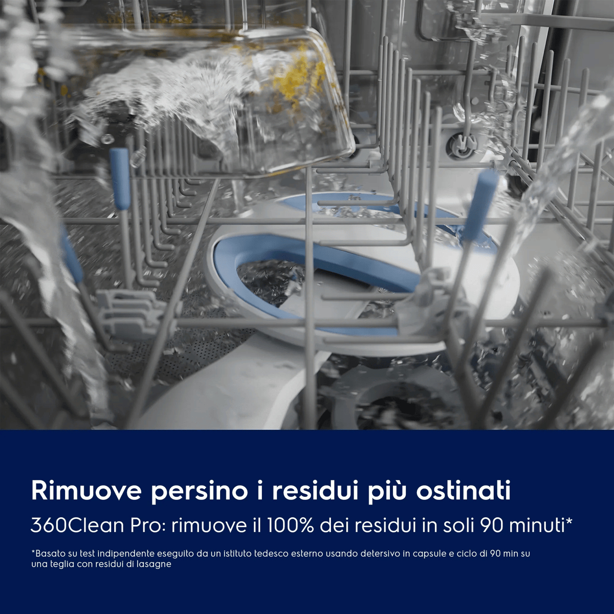 Cestello per lavastoviglie con acqua nebulizzata e testo.