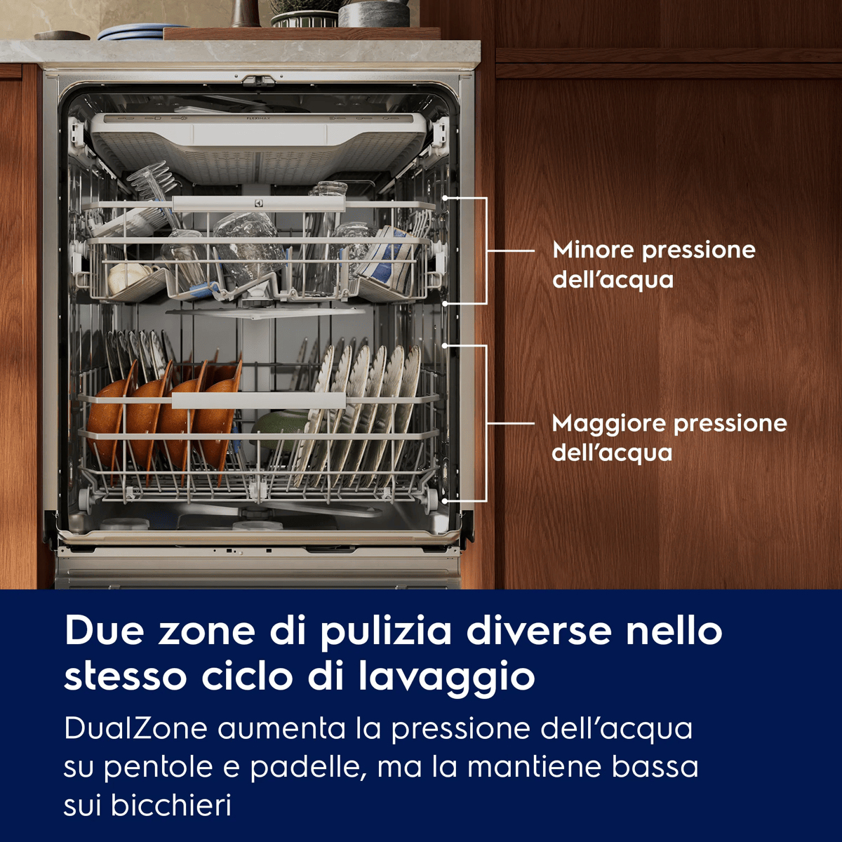 Lavastoviglie aperta con due zone di lavaggio e diversa pressione dell'acqua.