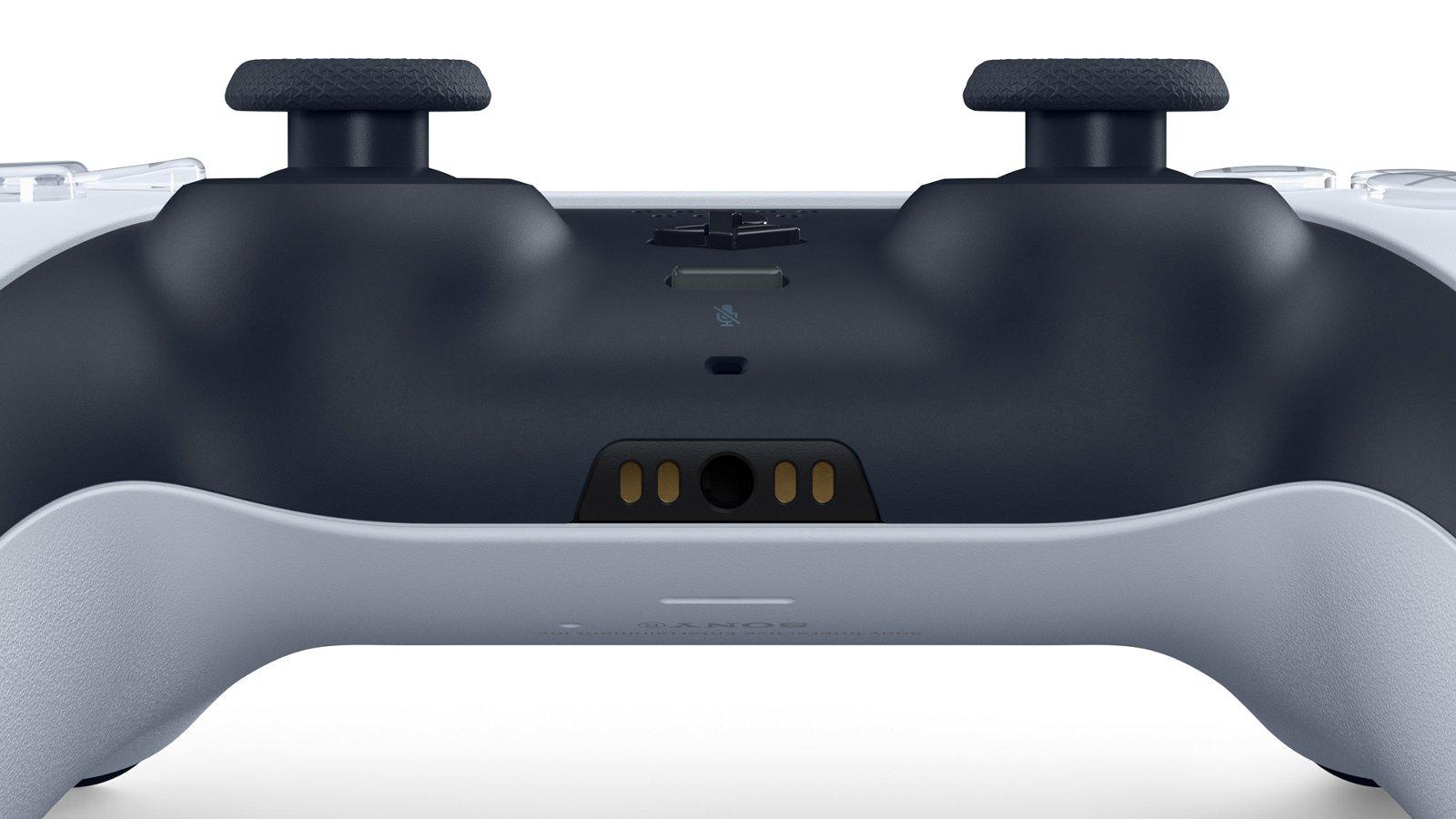Nahaufnahme eines schwarz-weißen Gamecontrollers mit Joysticks, Mikrofontaste und Ladekontakten.