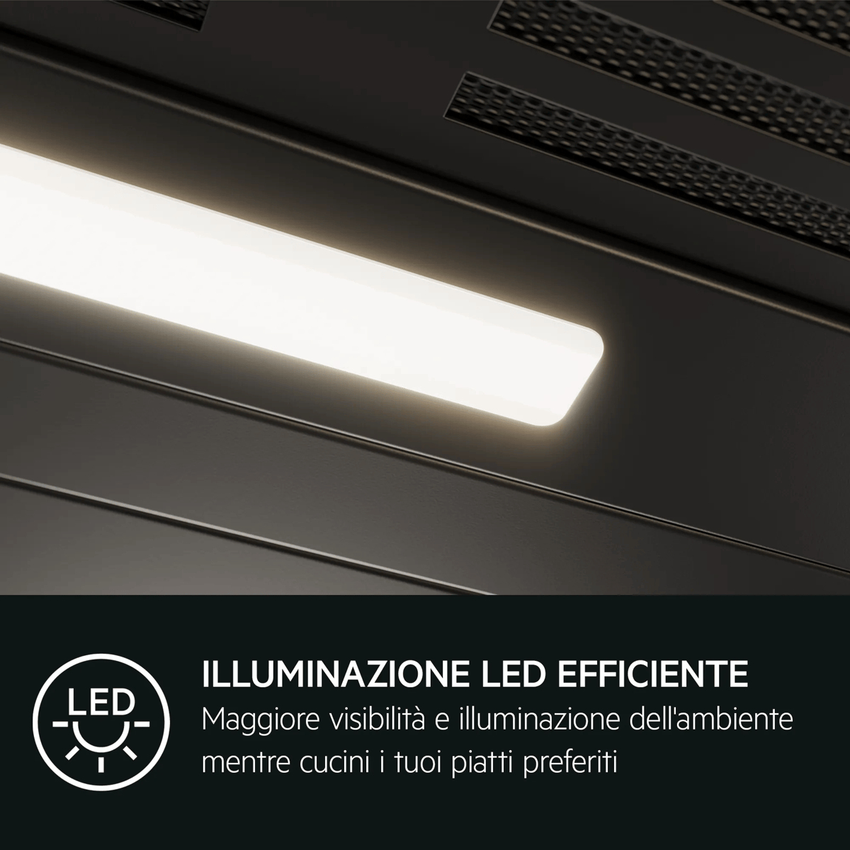Illuminazione LED efficiente su una cappa aspirante per una visibilità chiara.
