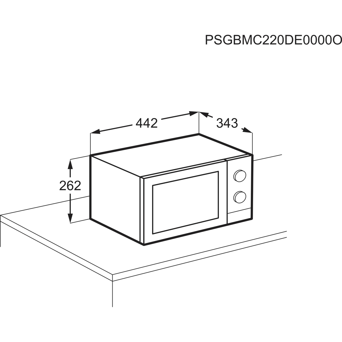 Technische Zeichnung einer Mikrowelle mit Maßangaben von 442, 343 und 262 mm.