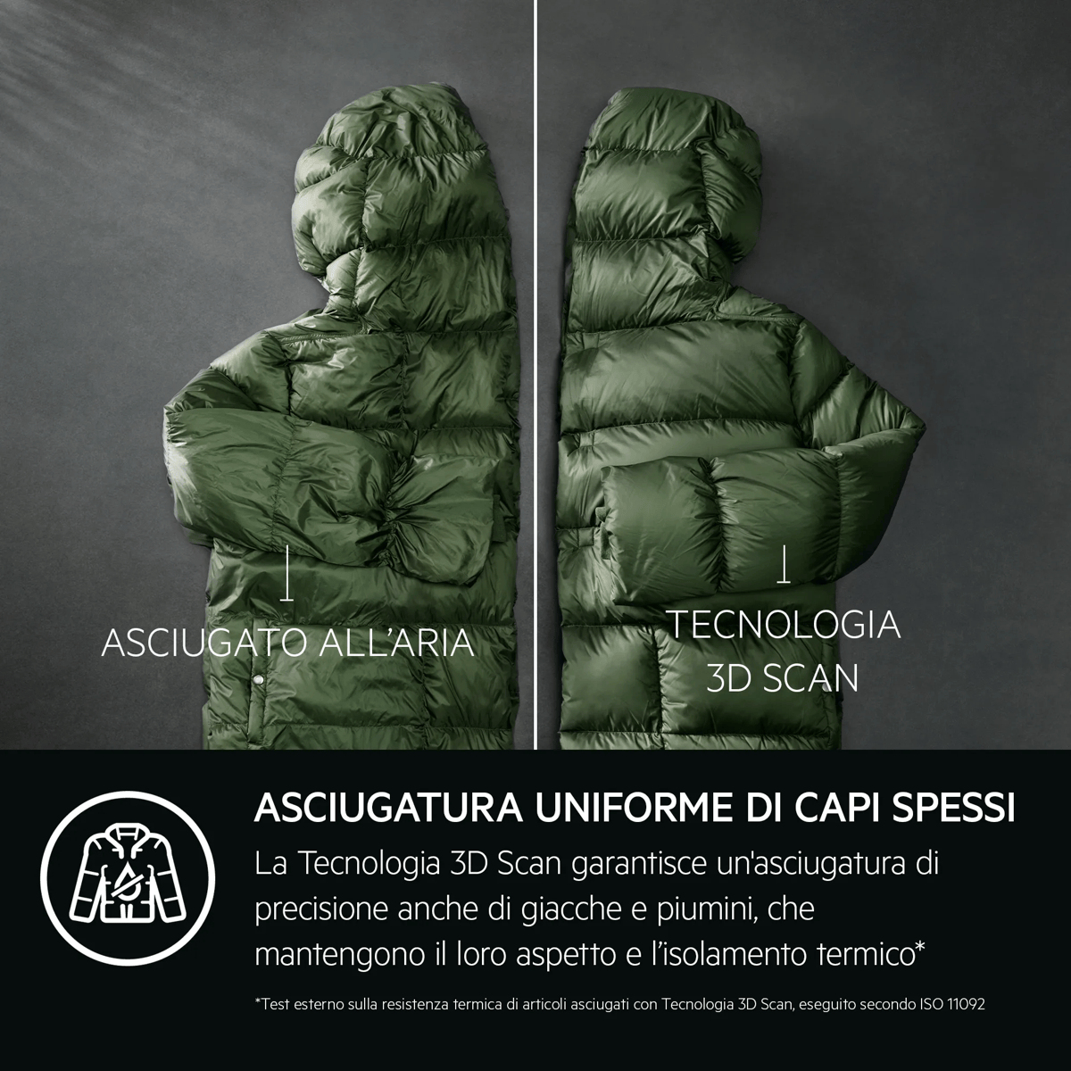 Confronto tra un piumino verde asciugato all'aria e con tecnologia 3D Scan su sfondo scuro.