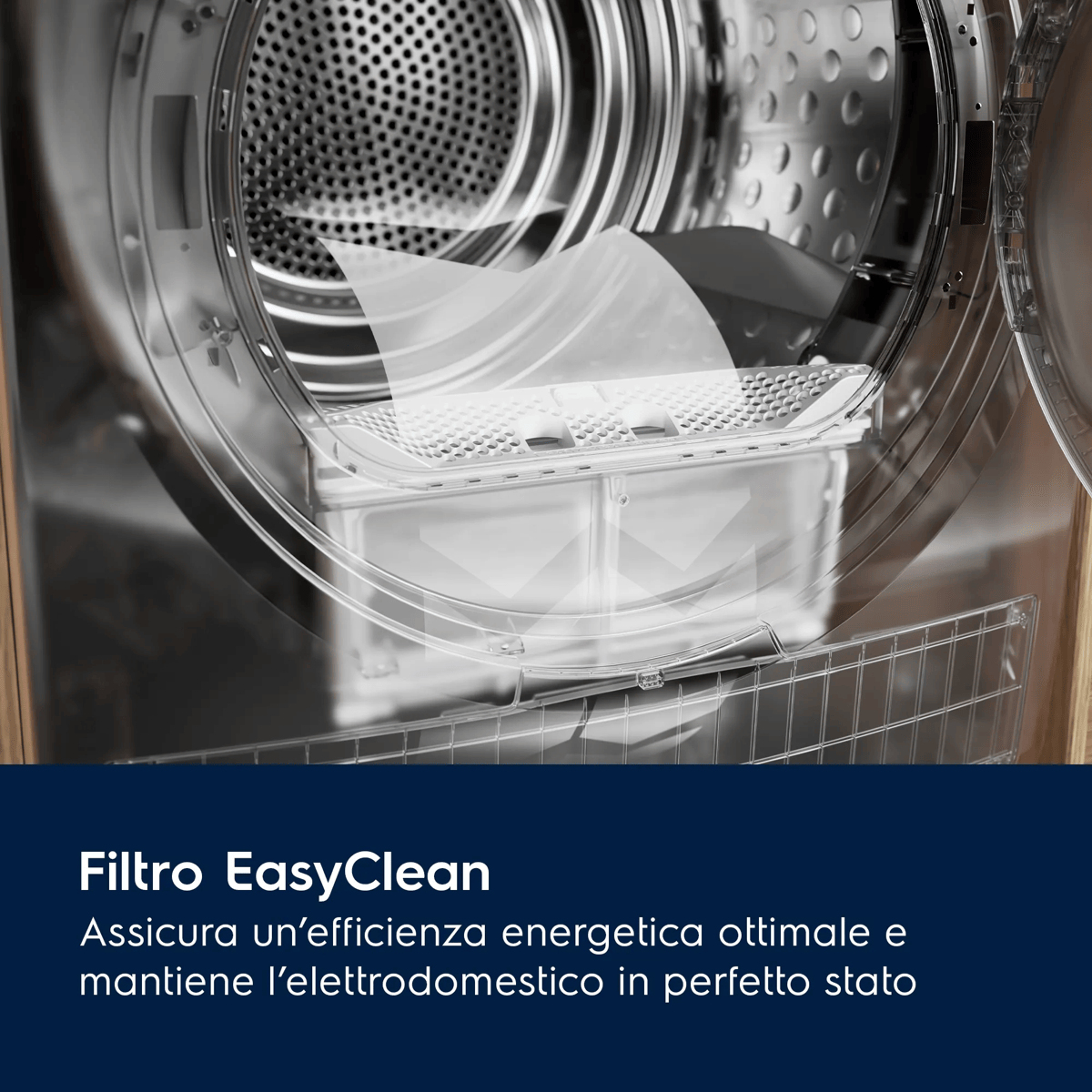 Asciugatrice aperta con filtro pelucchi trasparente e testo su sfondo blu.