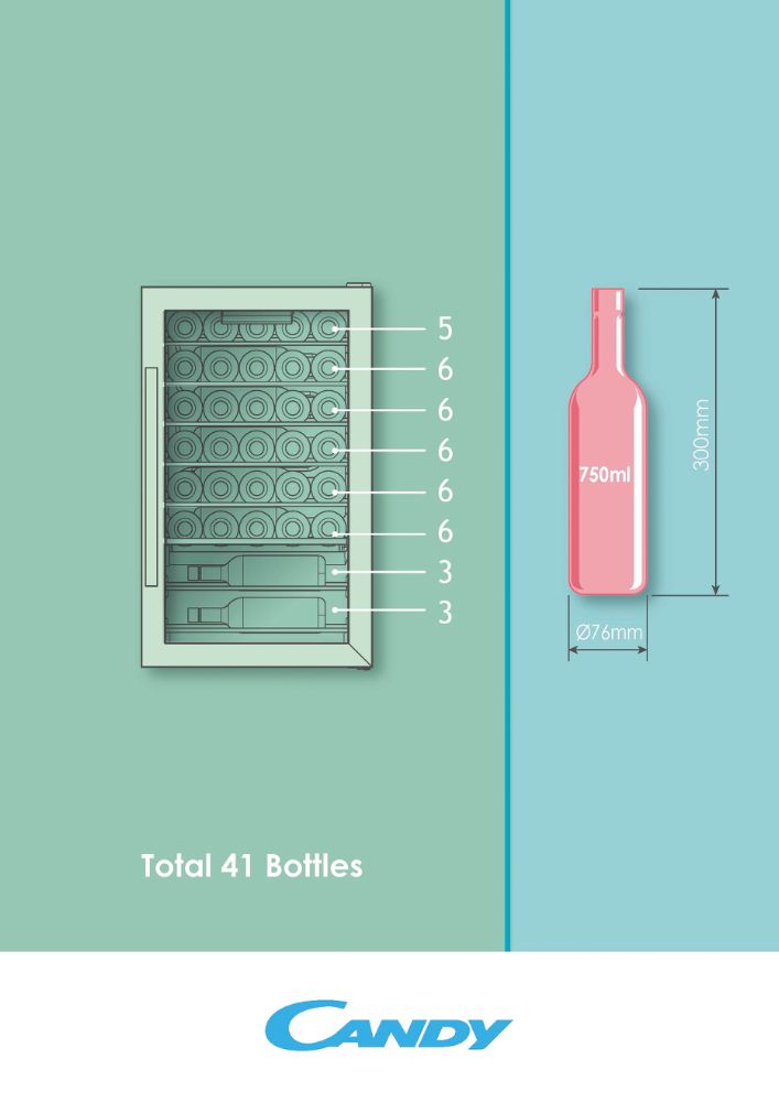 Diagramma che mostra una cantinetta per vini da 41 bottiglie e le dimensioni di una bottiglia standard.