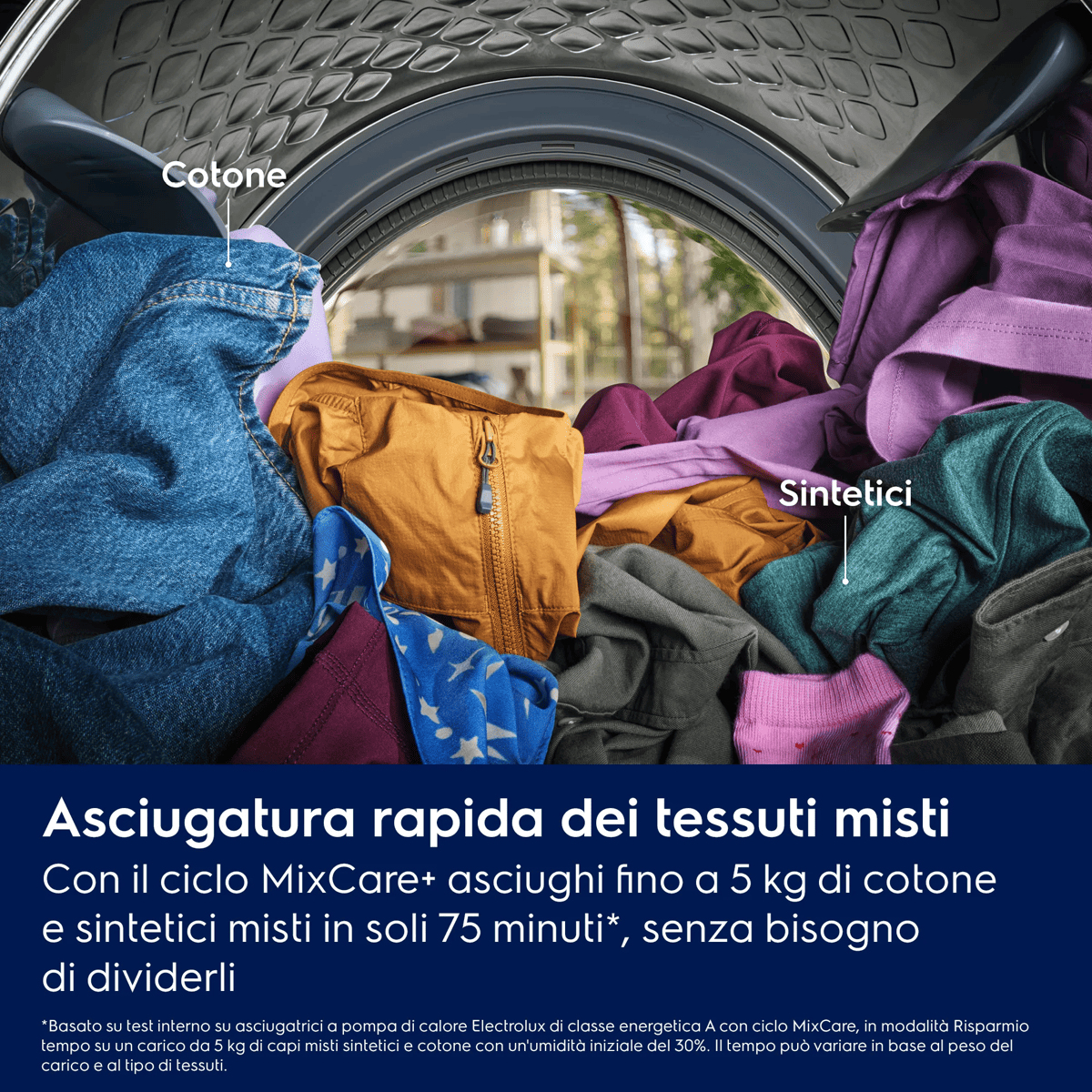 Vista interna del cestello di un'asciugatrice pieno di panni colorati, con testo in italiano in basso.