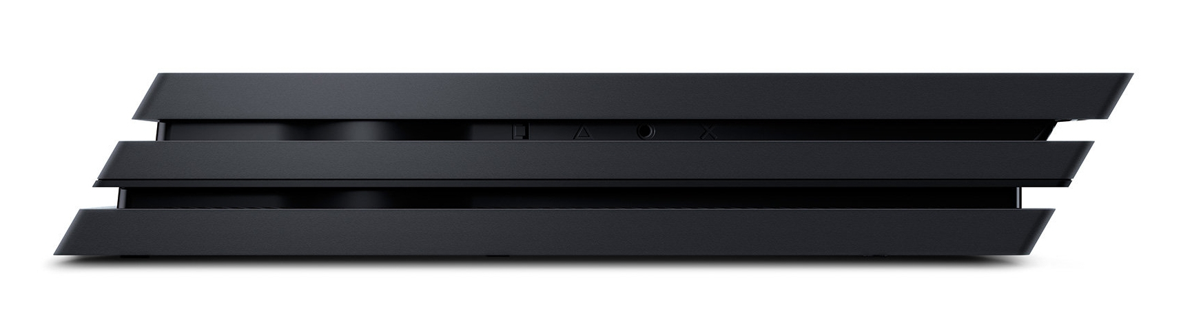 A black PlayStation 4 Pro console shown from the front with its layered, slanted design on a white background.
