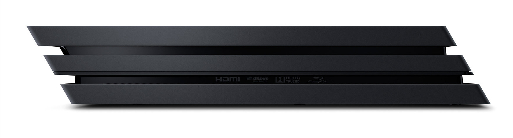 Front view of a black PlayStation 4 Pro console featuring three layered sections.