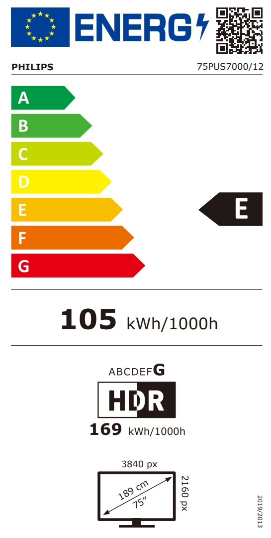 EU-Energieeffizienzlabel für Philips 75PUS7000/12 Fernseher, Klasse E, 105 kWh/1000h.