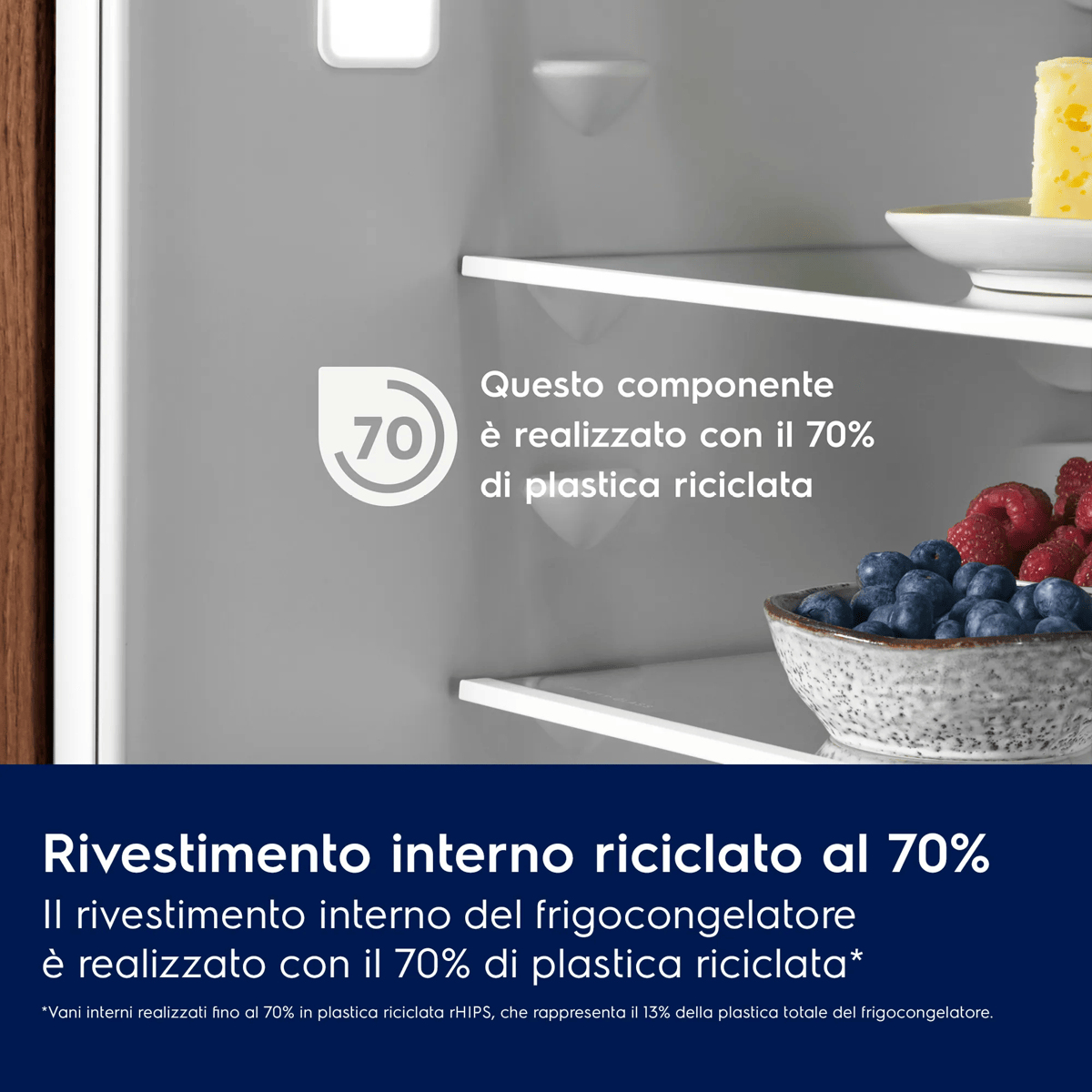 Interno frigorifero con 70% plastica riciclata, ciotola di frutti di bosco e testo.