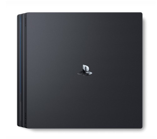 Consola PlayStation 4 Pro negra con un logotipo plateado en el centro, vista de frente sobre fondo blanco.