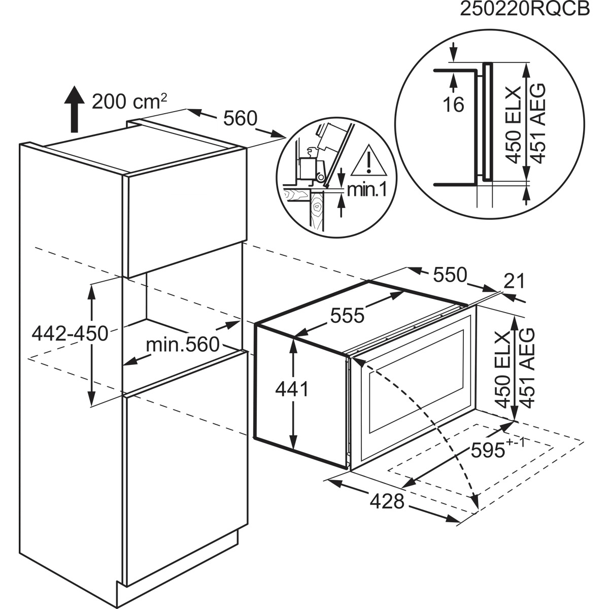 Disegno tecnico che mostra le dimensioni del mobile da cucina per l'installazione dell'apparecchio.