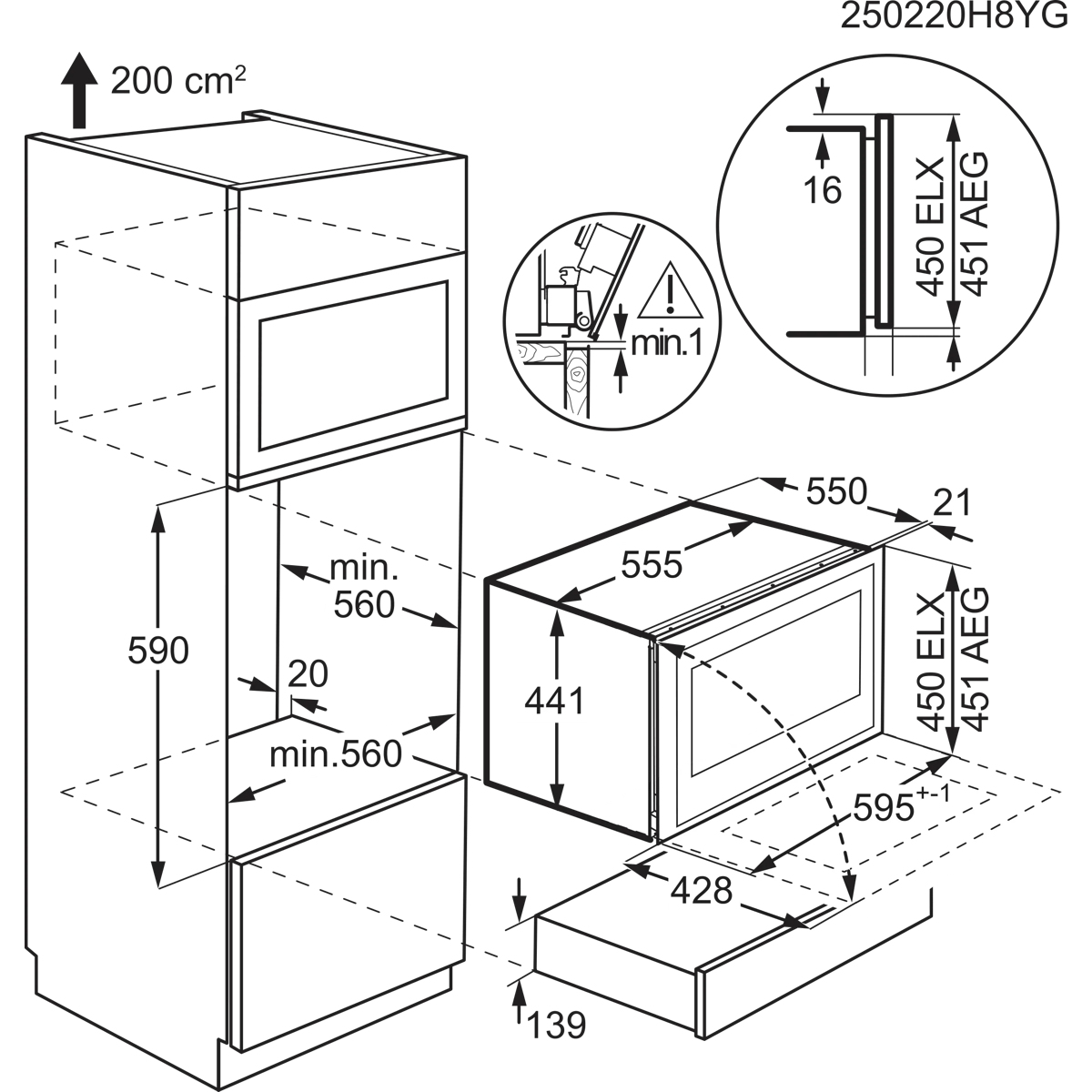 Disegno tecnico con quote di installazione per un mobile da cucina ed elettrodomestici, con viste dettagliate.