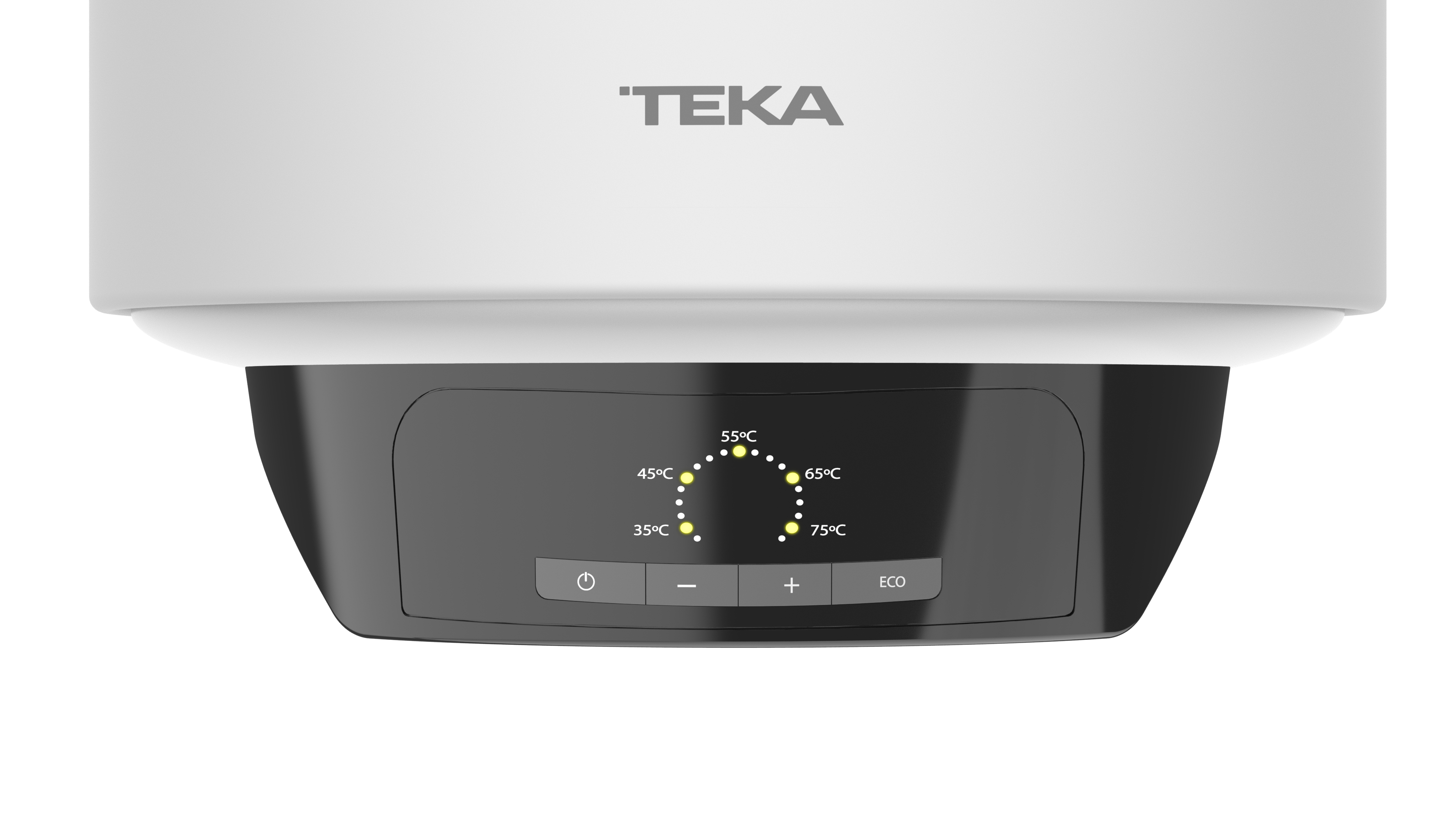 Calentador de agua Teka con pantalla digital a 55°C y botones de encendido, menos, más y ECO.