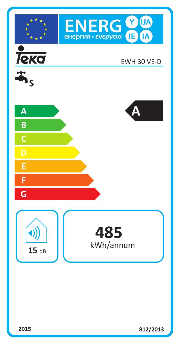 Etiqueta energética UE para Teka EWH 30 VE-D, clase A, icono de grifo, 485 kWh/año y 15 dB.