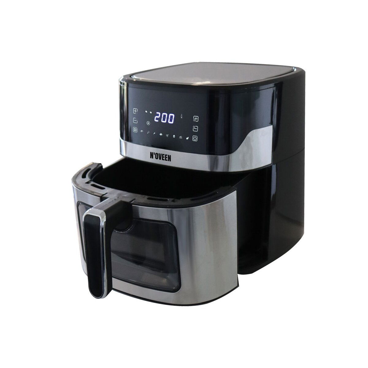 Friggitrice ad aria nera con display digitale e cassetto aperto.