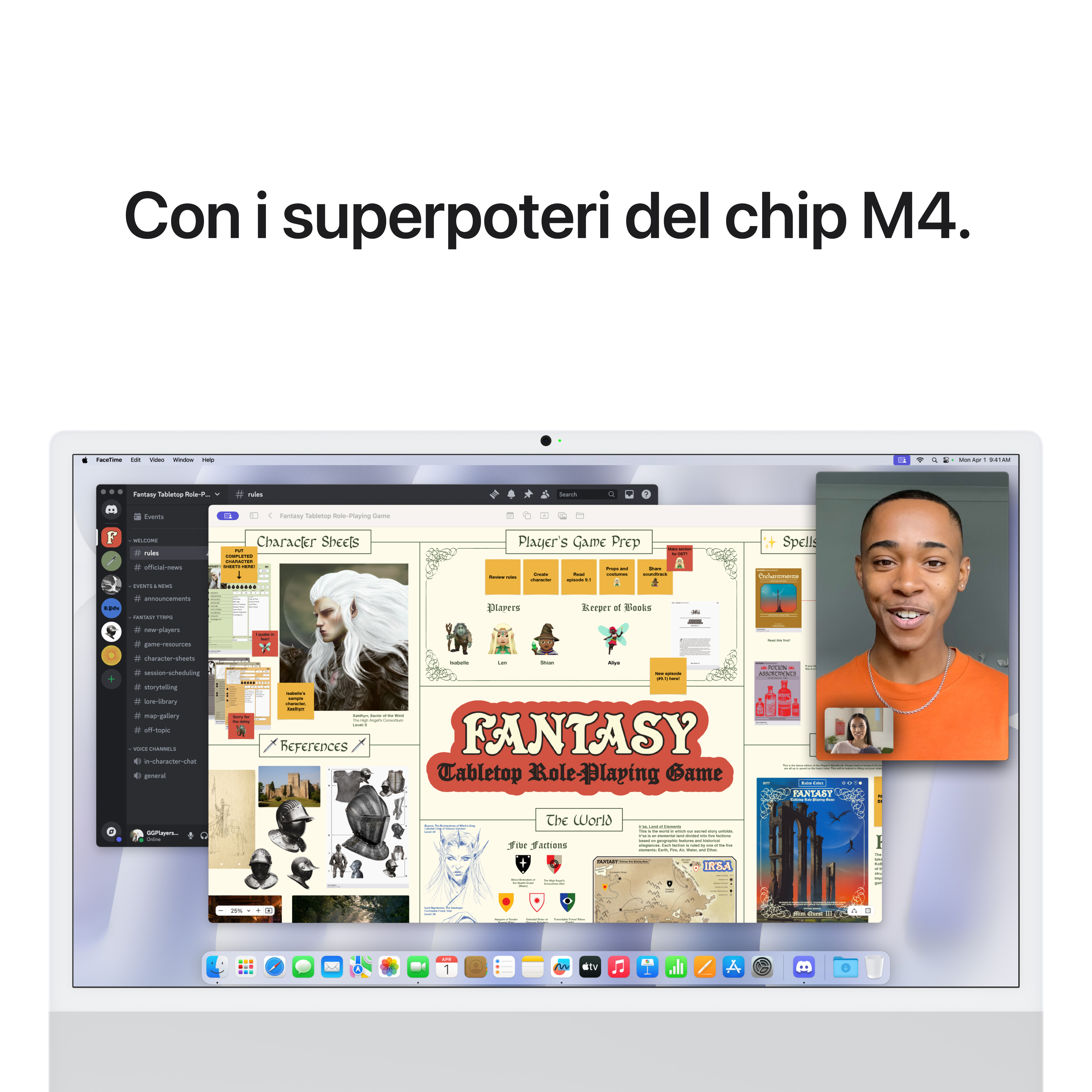 Uno schermo Mac mostra il layout di un gioco di ruolo fantasy e una videochiamata.
