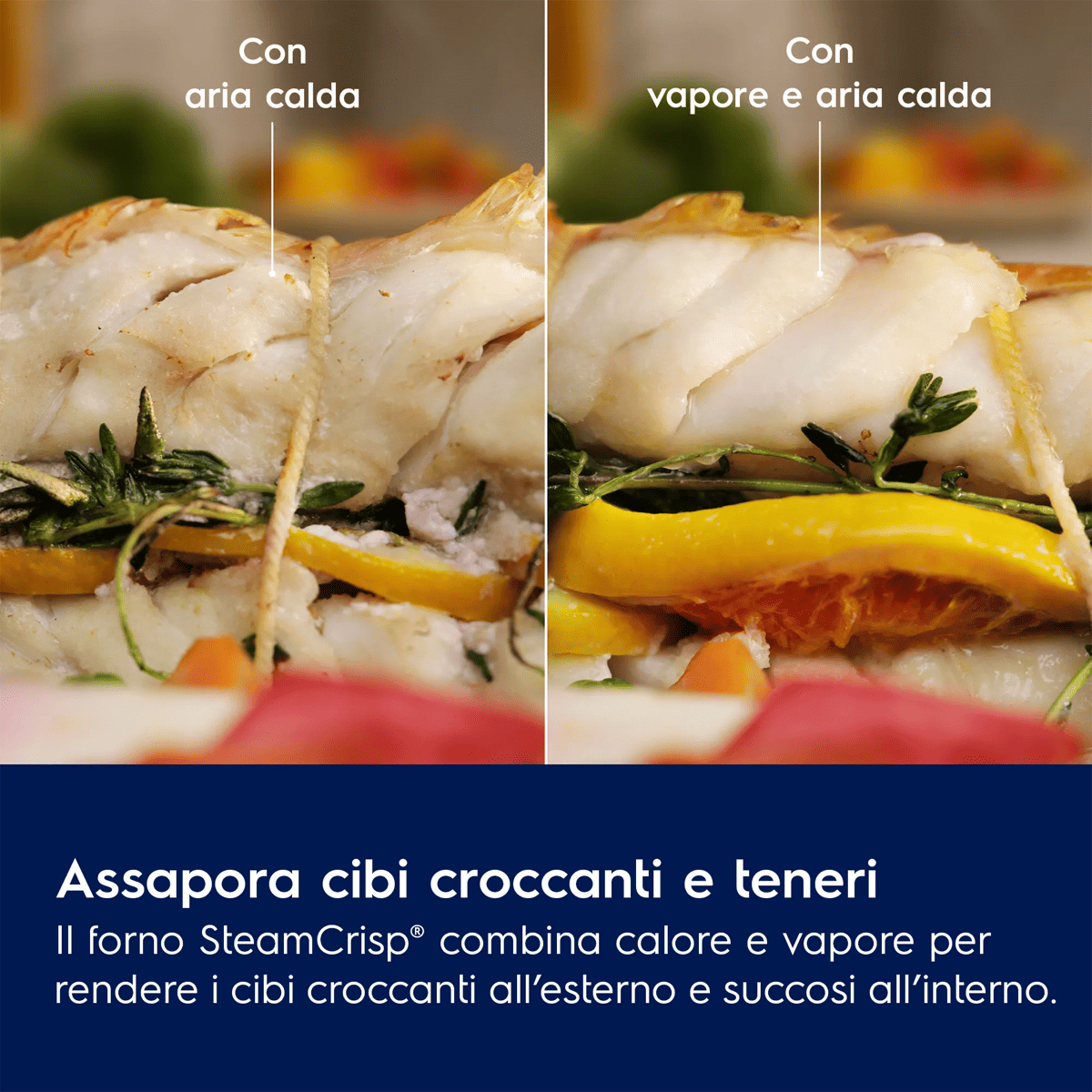 Confronto di due preparazioni di pesce con testo e slogan italiano in basso.
