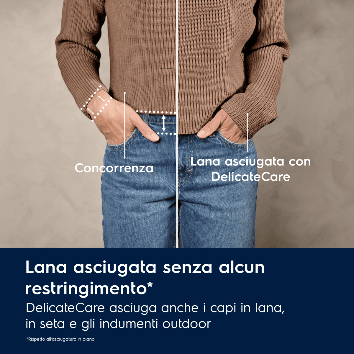 Persona con maglione marrone e jeans mostra confronto di misurazione, con testo in italiano.