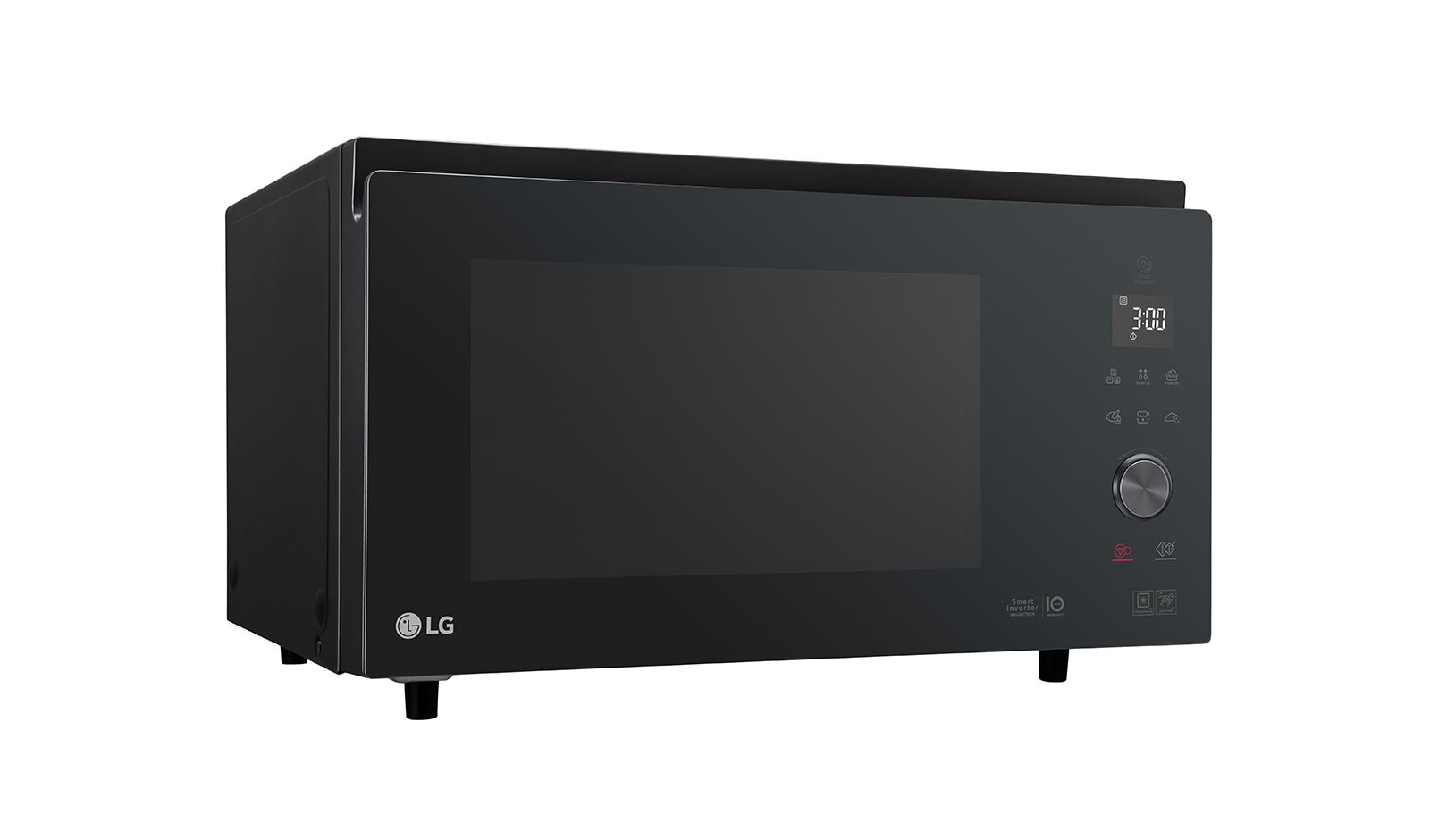 Microonde LG nero con display digitale e manopola girevole su sfondo bianco.