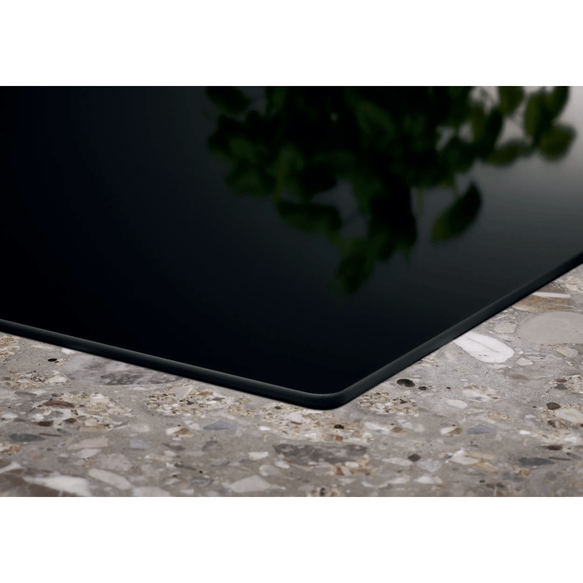 A black glass cooktop set into a grey speckled stone countertop with green plant reflection.