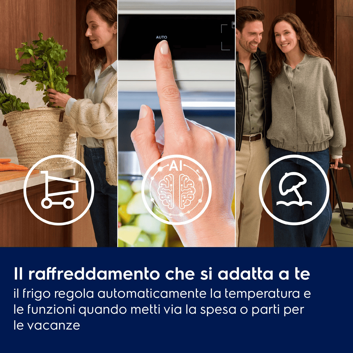 Una donna sistema la spesa, una mano usa un display e una coppia prepara i bagagli.