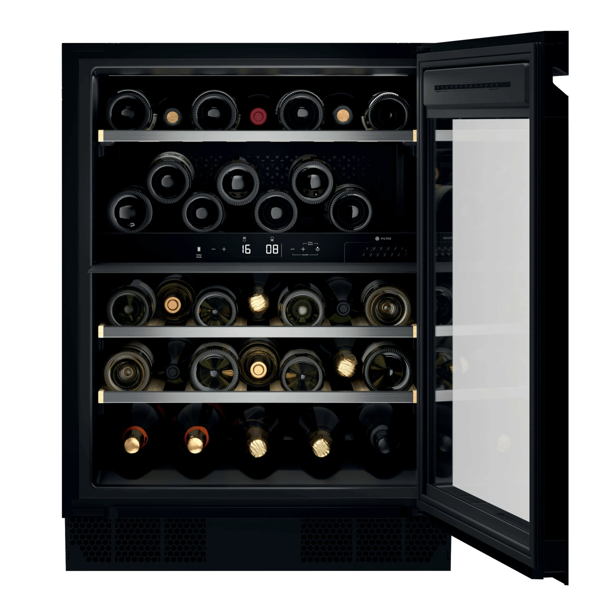 Una cantinetta per vini nera da incasso con porta a vetro aperta e bottiglie.