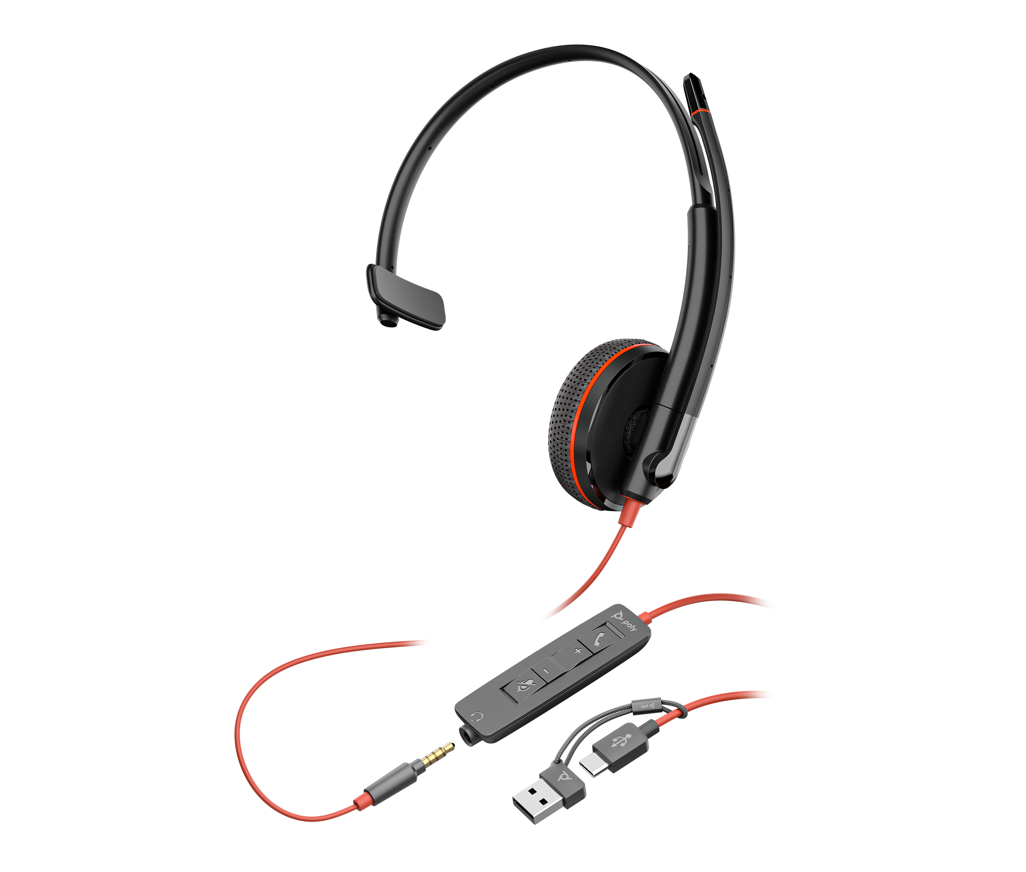 Ein schwarzes Einohr-Headset mit rotem Kabel, Inline-Controller, 3,5-mm-Klinke und USB-Adaptern vor weißem Hintergrund.